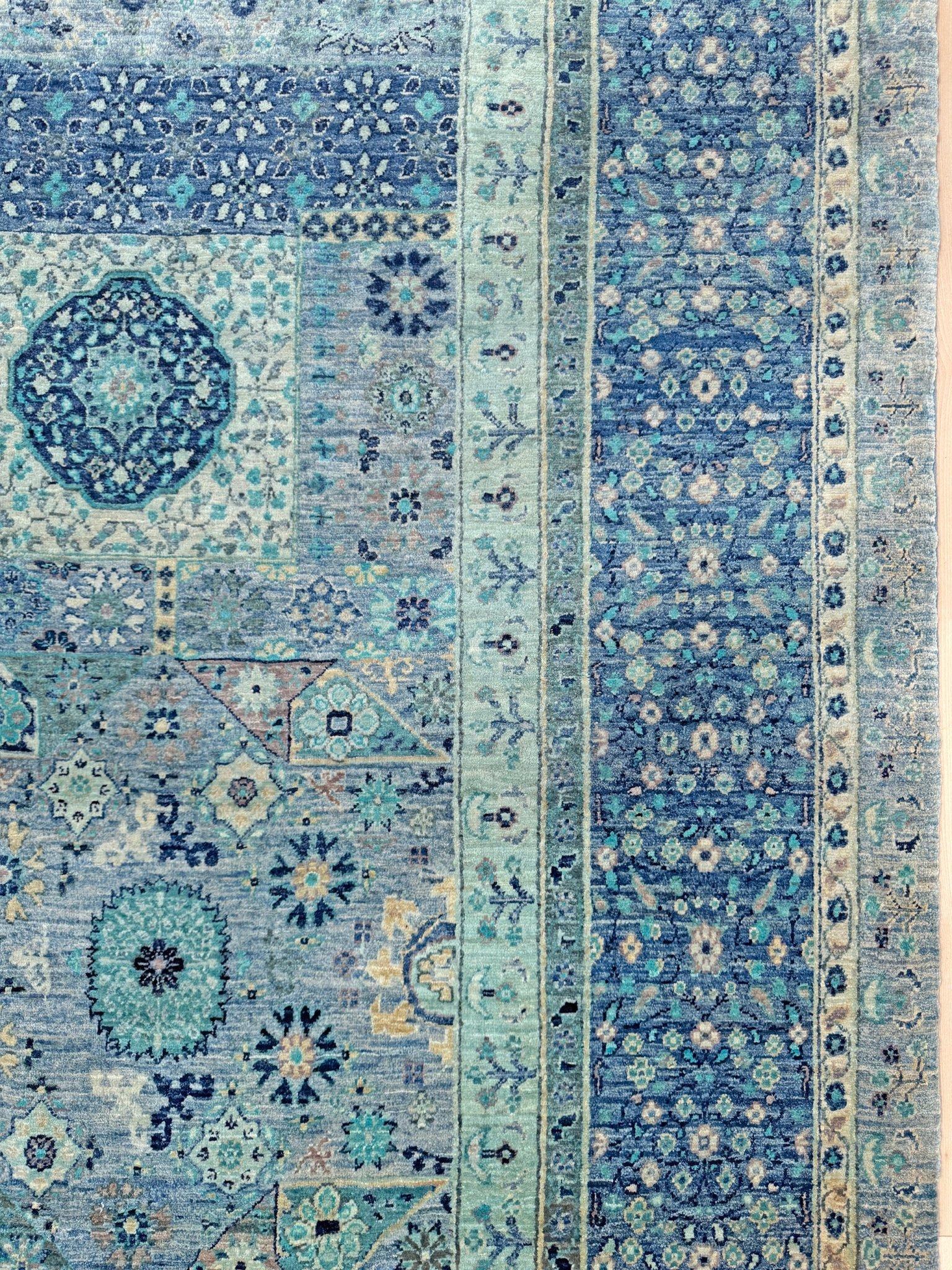 Ice Blue Fine Mamluk Transitional Rug • Hand-Knotted Wool • 9′×12′3″ • Turkey in vendita 1