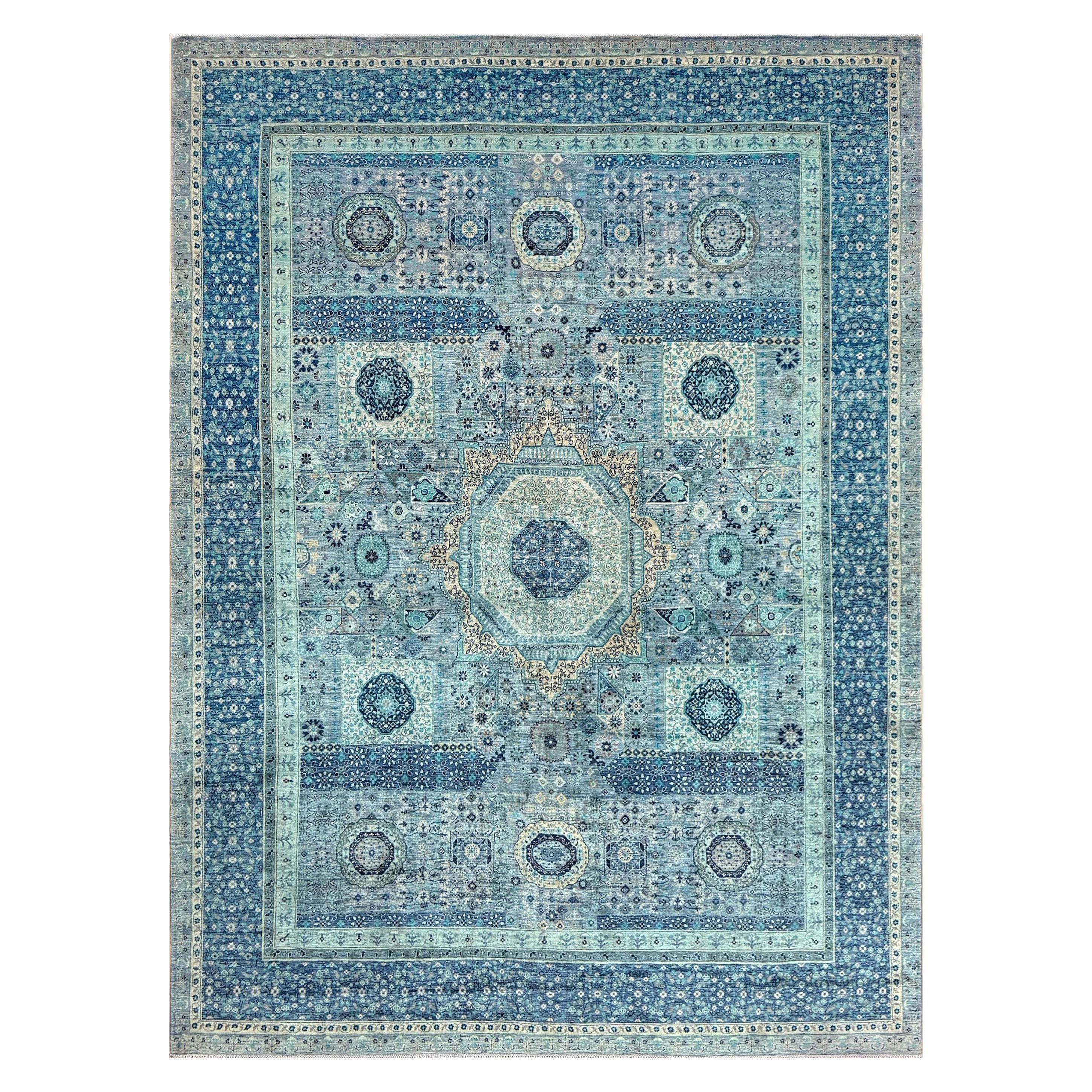 Ice Blue Fine Mamluk Transitional Rug • Hand-Knotted Wool • 9′×12′3″ • Turkey in vendita