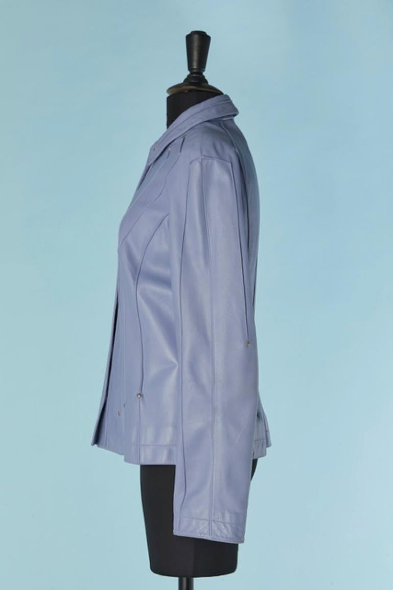 Ice blue leather jacket with top-stitching and metallic studs MUGLER In Good Condition In Saint-Ouen-Sur-Seine, FR
