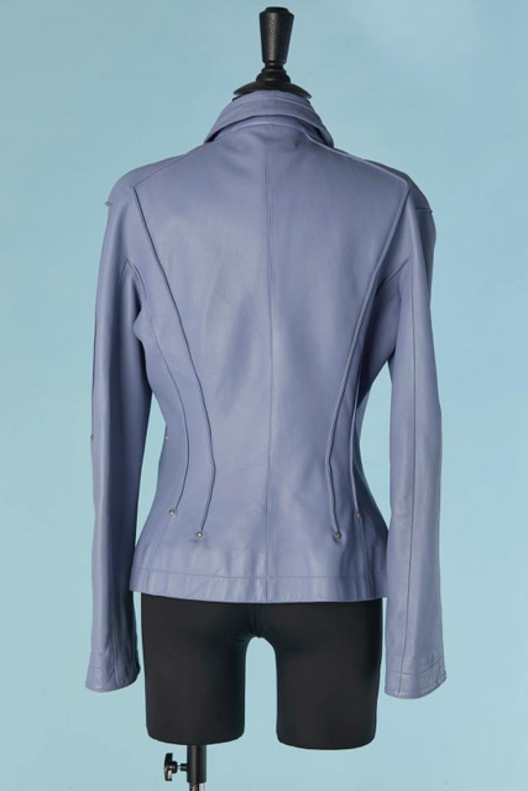 Women's Ice blue leather jacket with top-stitching and metallic studs MUGLER