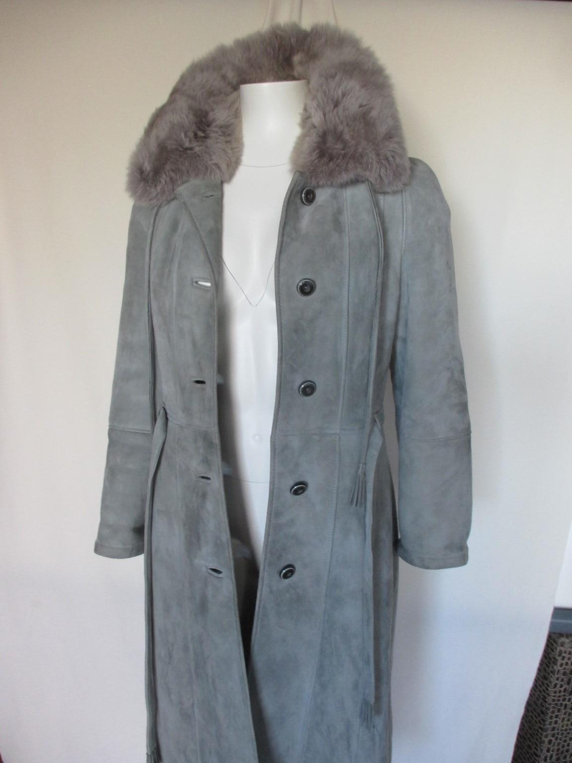 Ice-Blue Long Lamb Suede Shearling Fur Coat S In Fair Condition In Amsterdam, NL