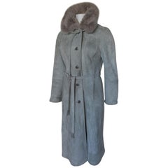 Vintage Ice-Blue Long Lamb Suede Shearling Fur Coat S