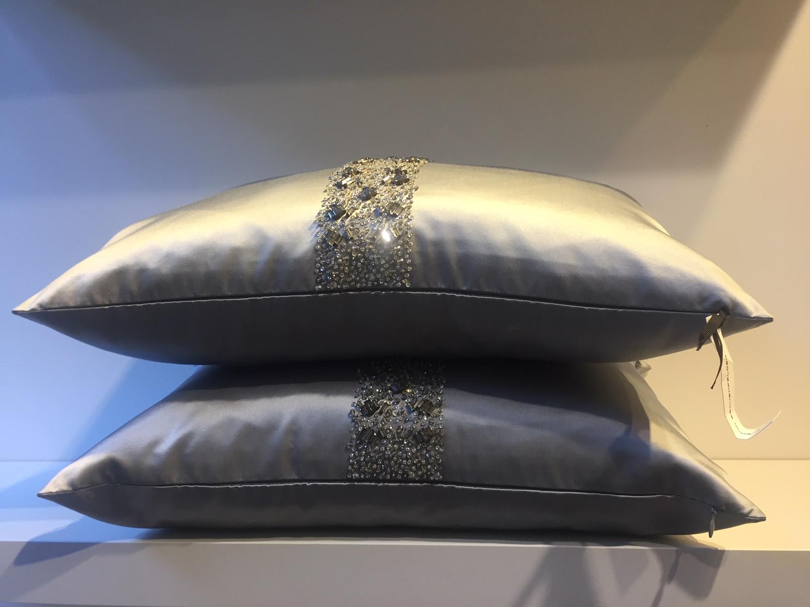 Modern Ice Blue Silk Cushions Hand Embroidery with Band Detail in Swarovski Crystals For Sale