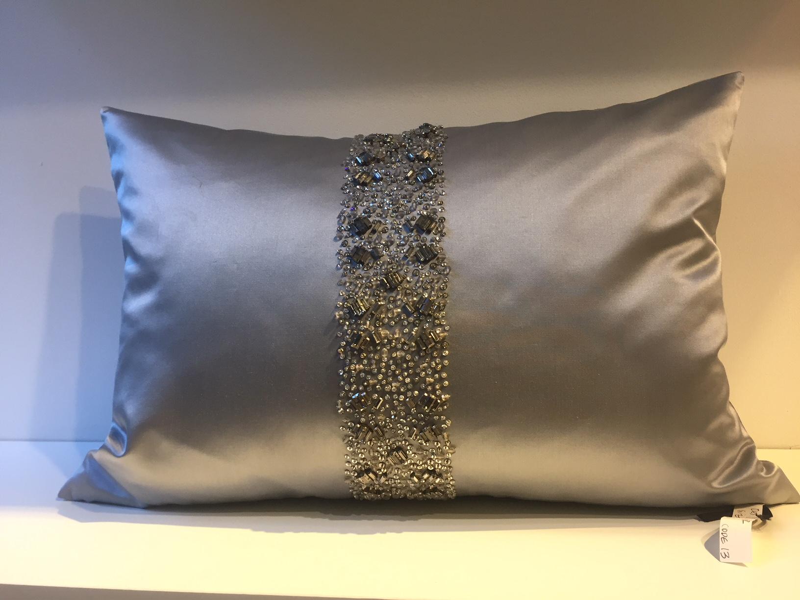 German Ice Blue Silk Cushions Hand Embroidery with Band Detail in Swarovski Crystals For Sale