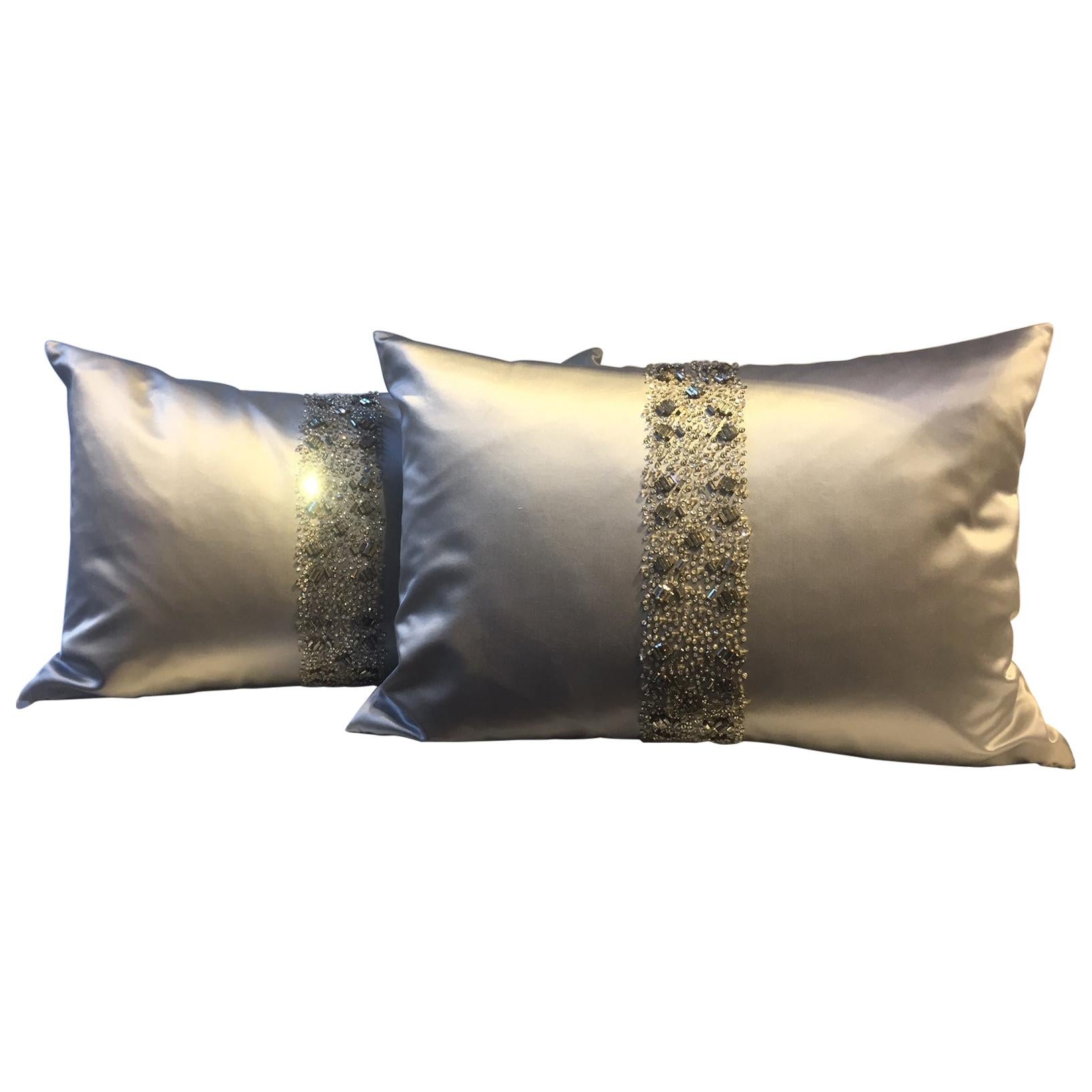 Ice Blue Silk Cushions Hand Embroidery with Band Detail in Swarovski Crystals For Sale