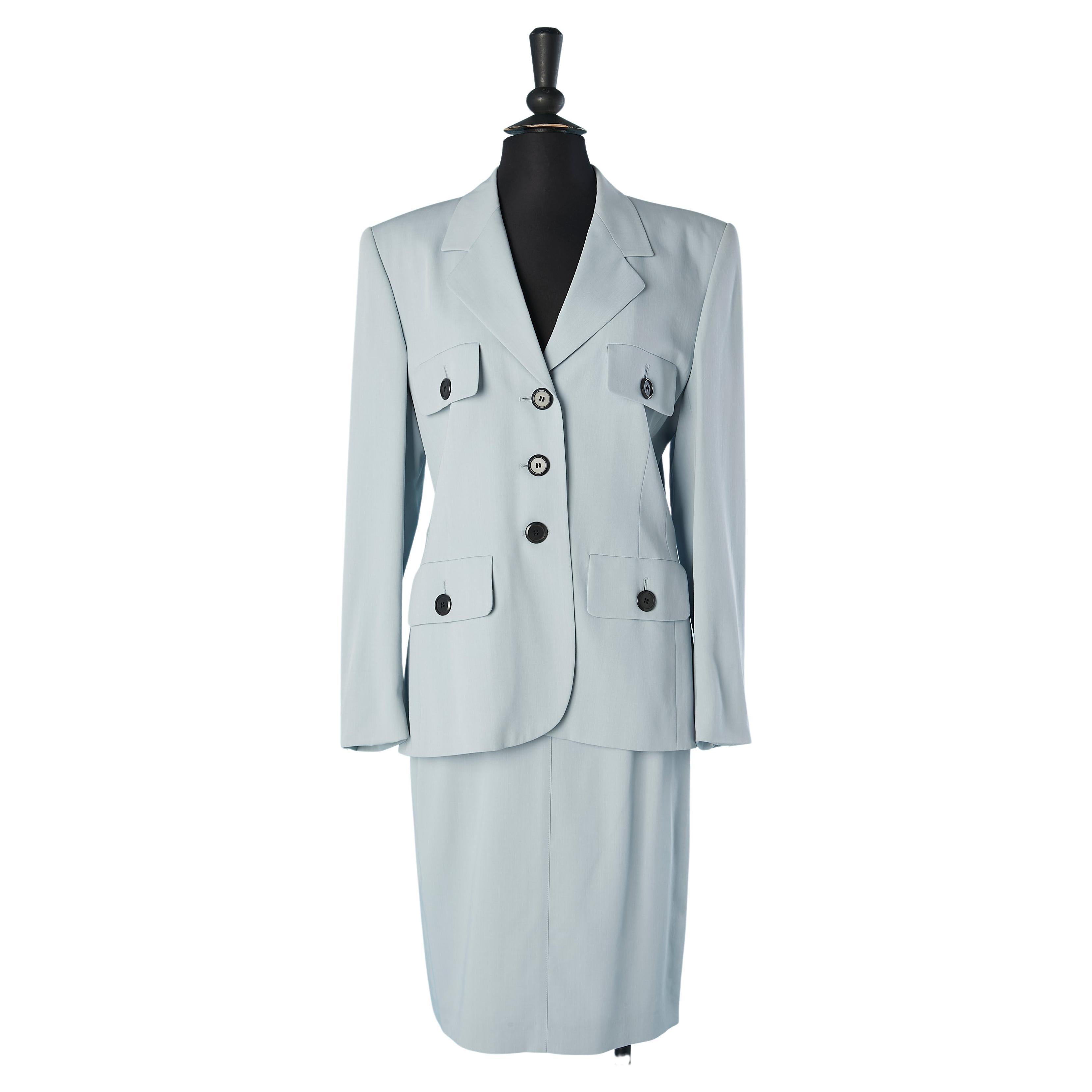 Ice blue skirt -suit with black buttons ESCADA By Margaretha Ley  For Sale