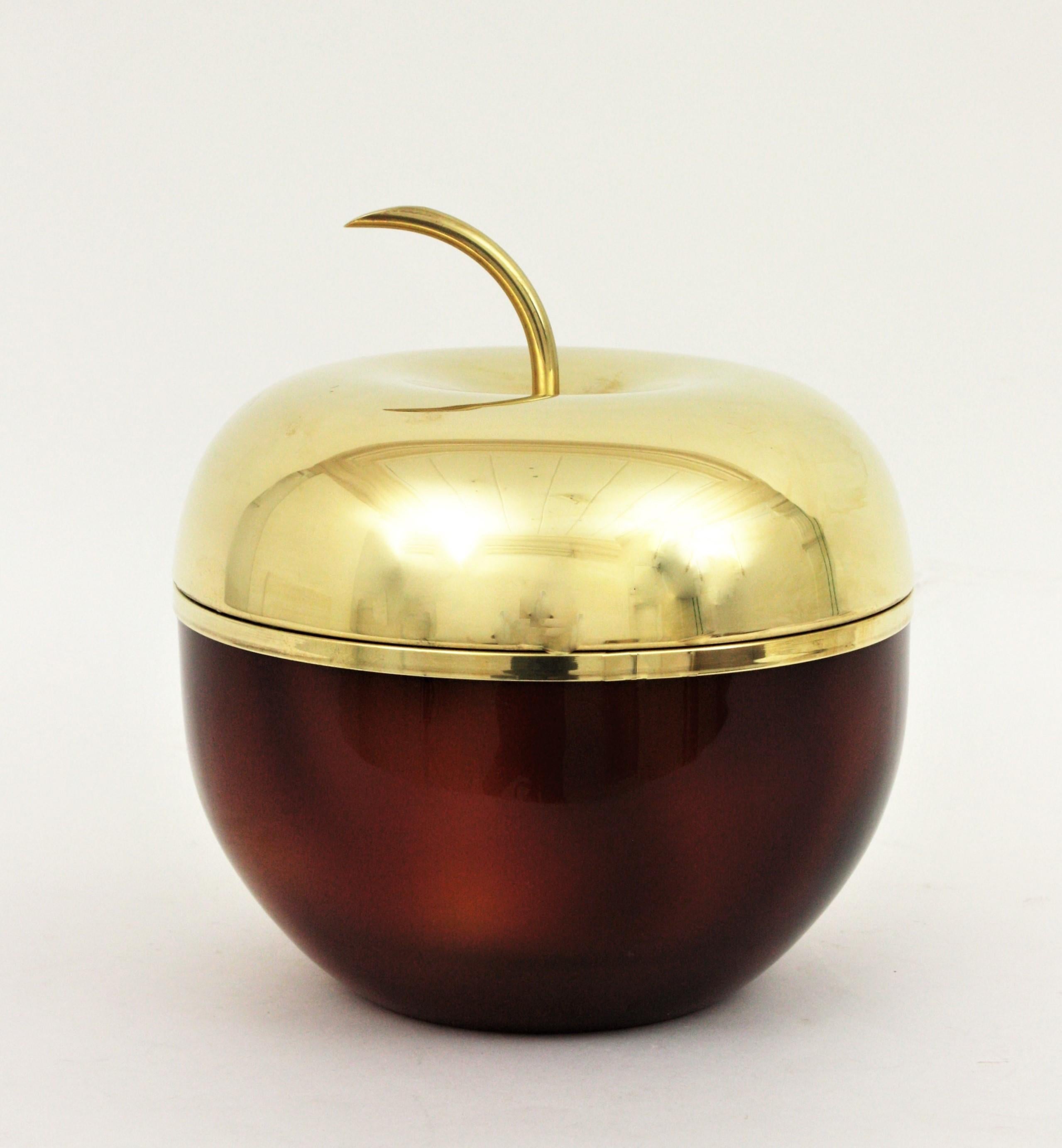 Mid-Century Modern Ice Bucket Apple Shaped in Faux Carey and Metal, Mauro Manetti Style For Sale
