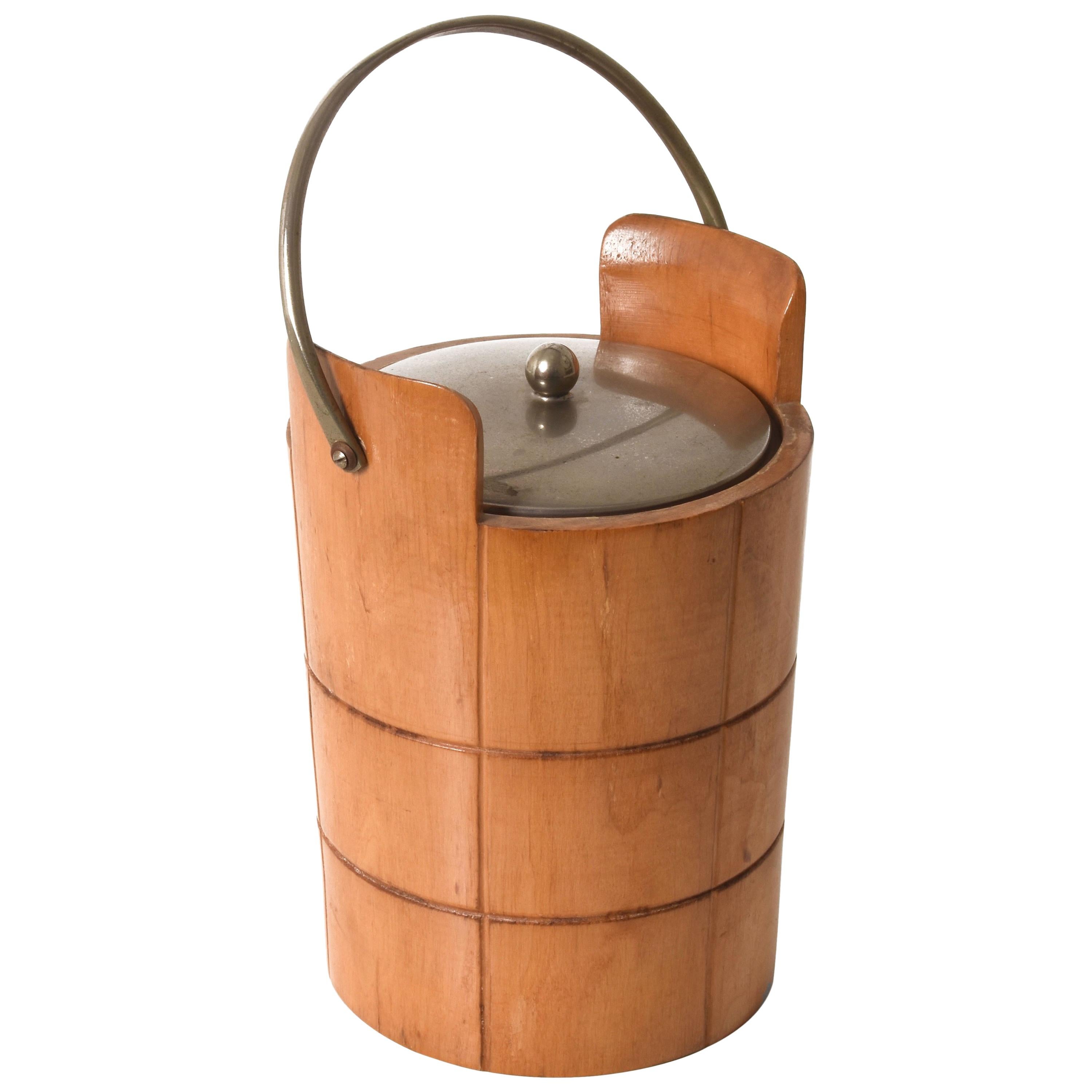 Ice Bucket for Macabo in Carved Wood and Metal, Italy 1950s by Aldo Tura