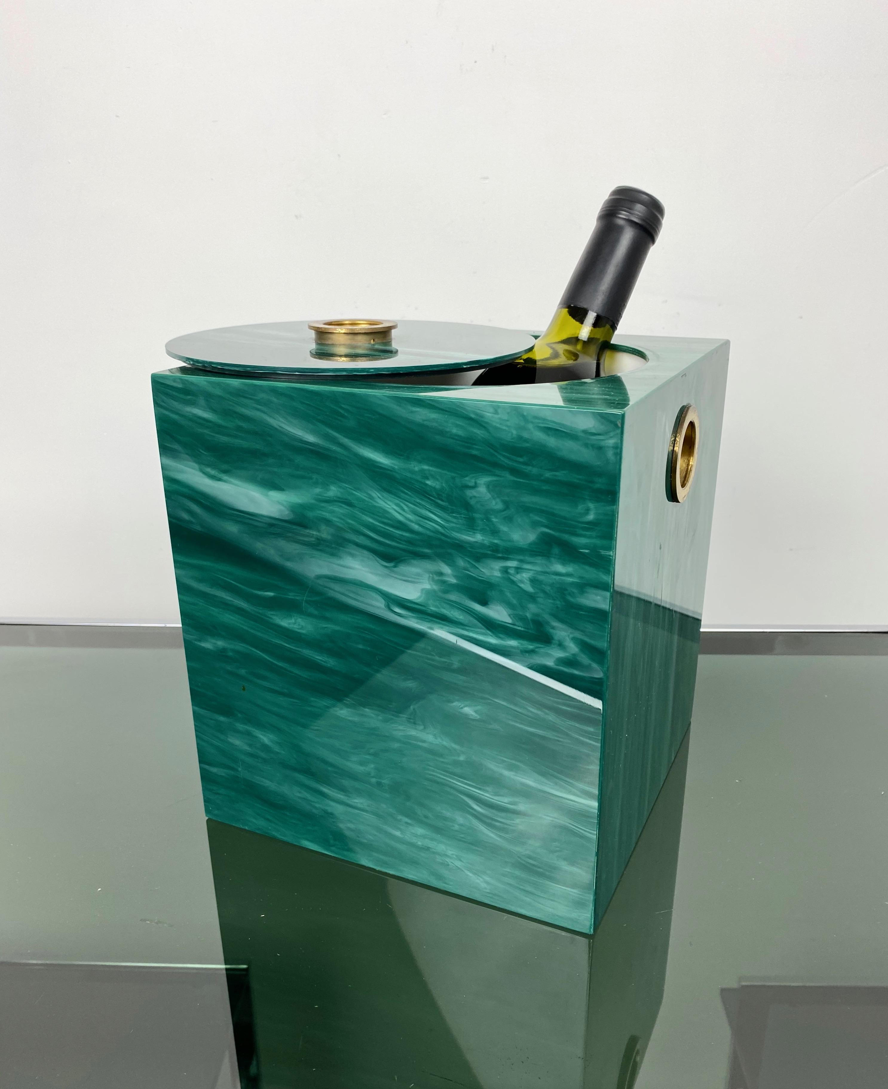 Ice Bucket Green Marble Effect and Brass, Italy, 1970s In Good Condition In Rome, IT