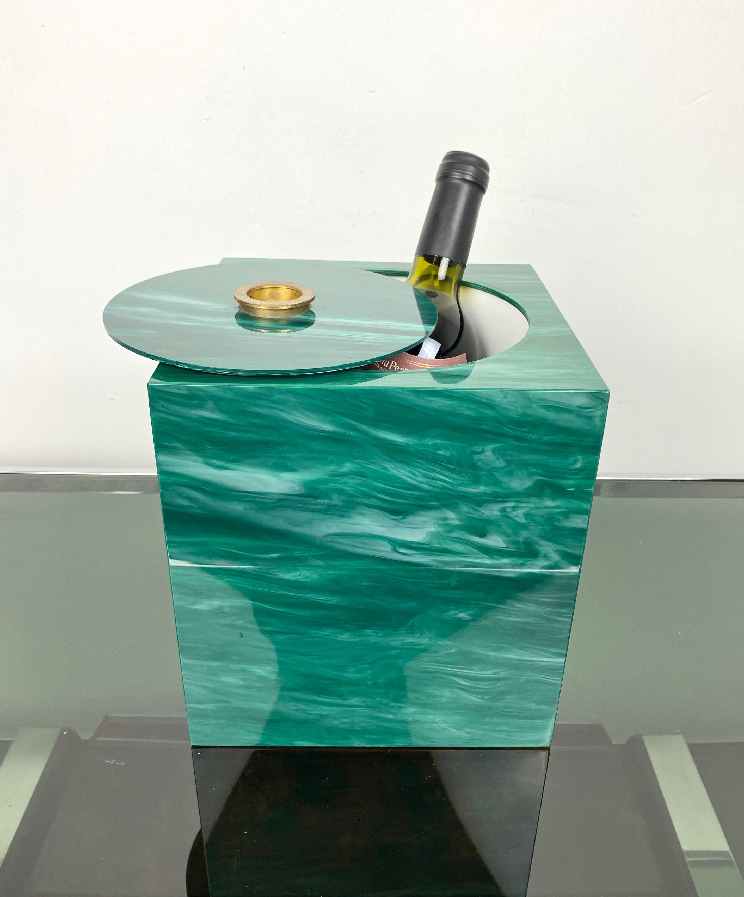 Ice Bucket Green Marble Effect and Brass, Italy, 1970s 2