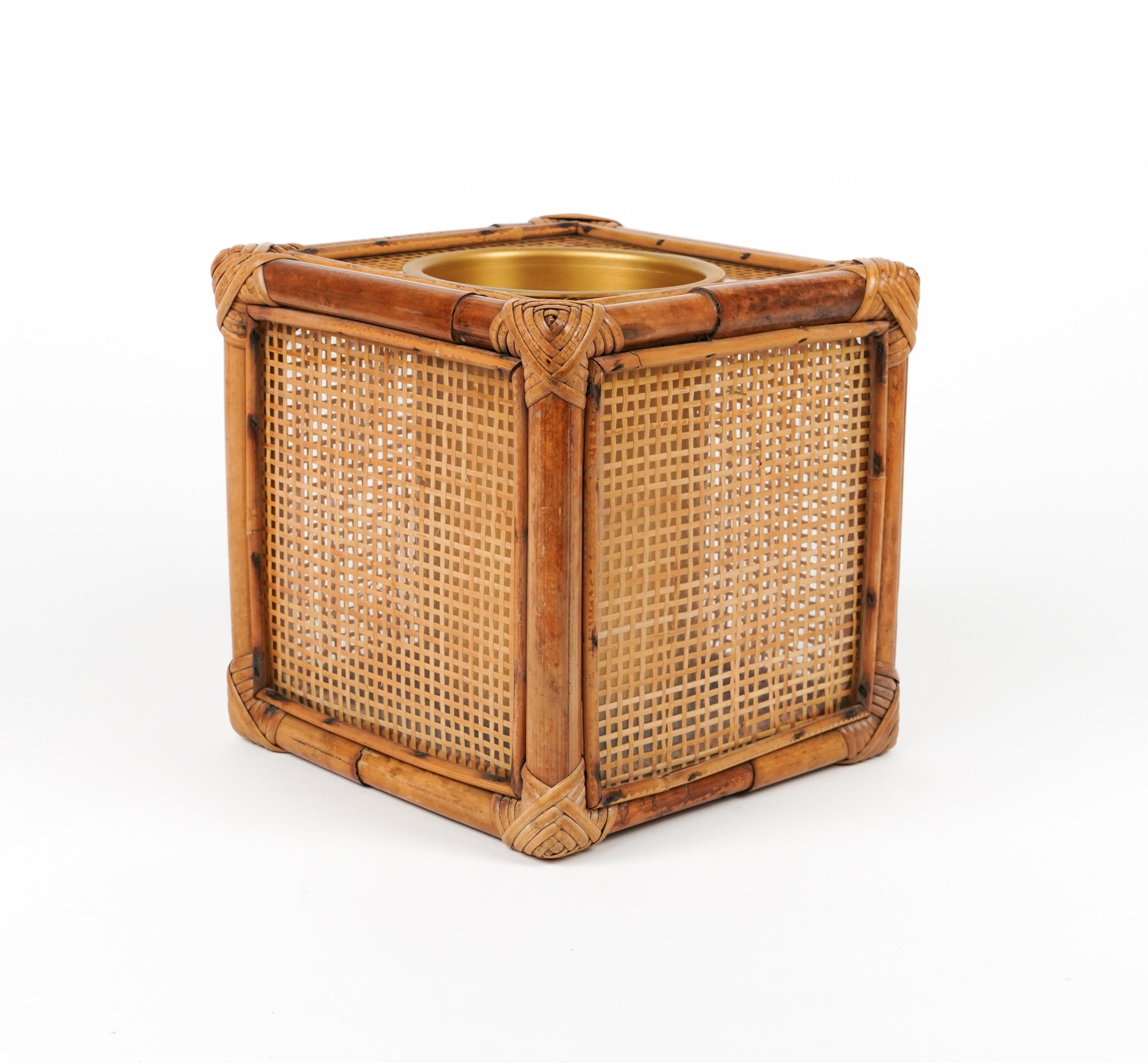 Metal Ice Bucket in Bamboo, Rattan and Lucite Christian Dior Style, Italy 1970s For Sale
