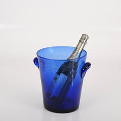 Ice Bucket in Blue Glass with Bubbles, La Verrerie De Biot, France, 1980s