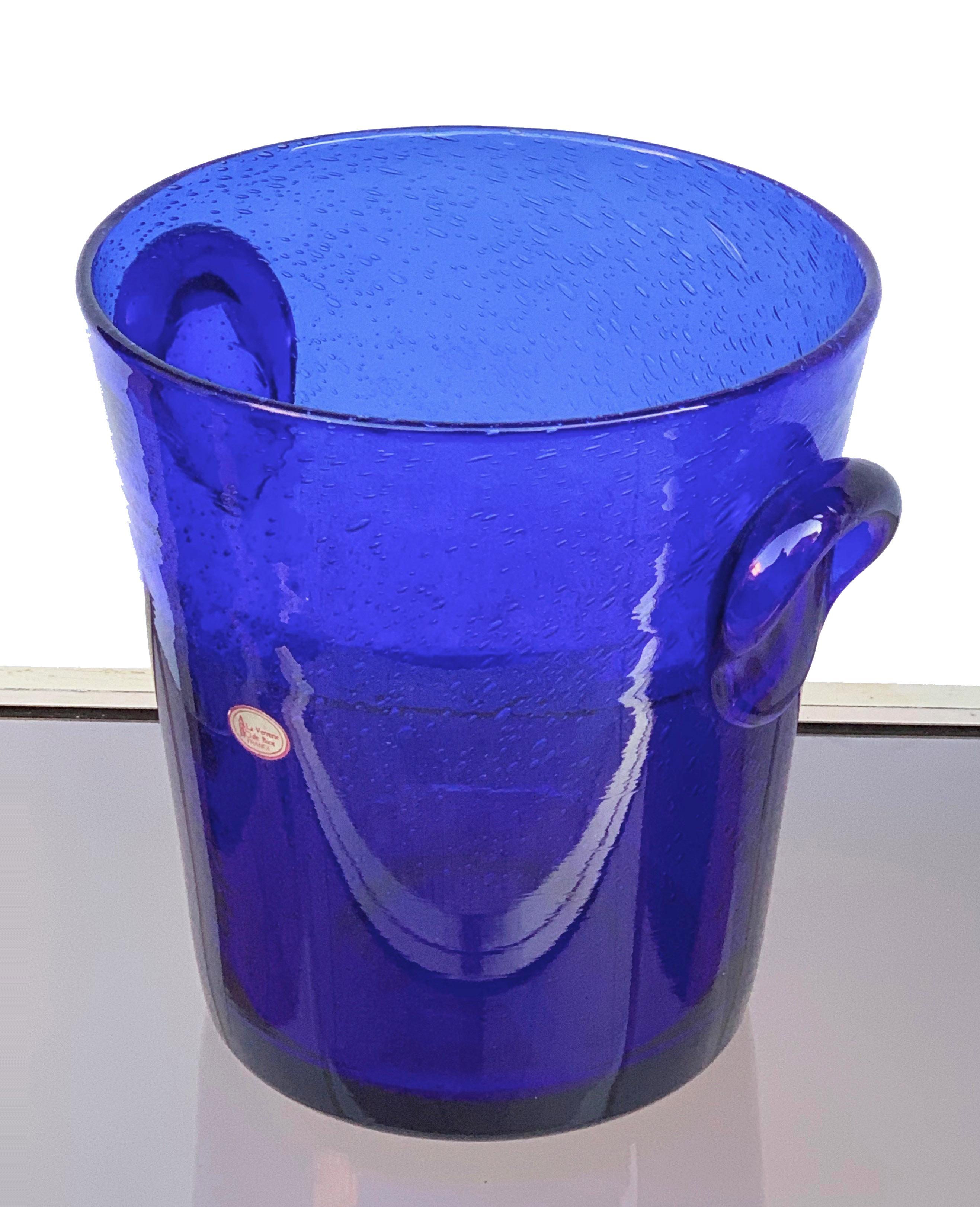 Mid-Century Modern Ice Bucket in Blue Glass with Bubbles, La Verrerie De Biot, France, 1980s