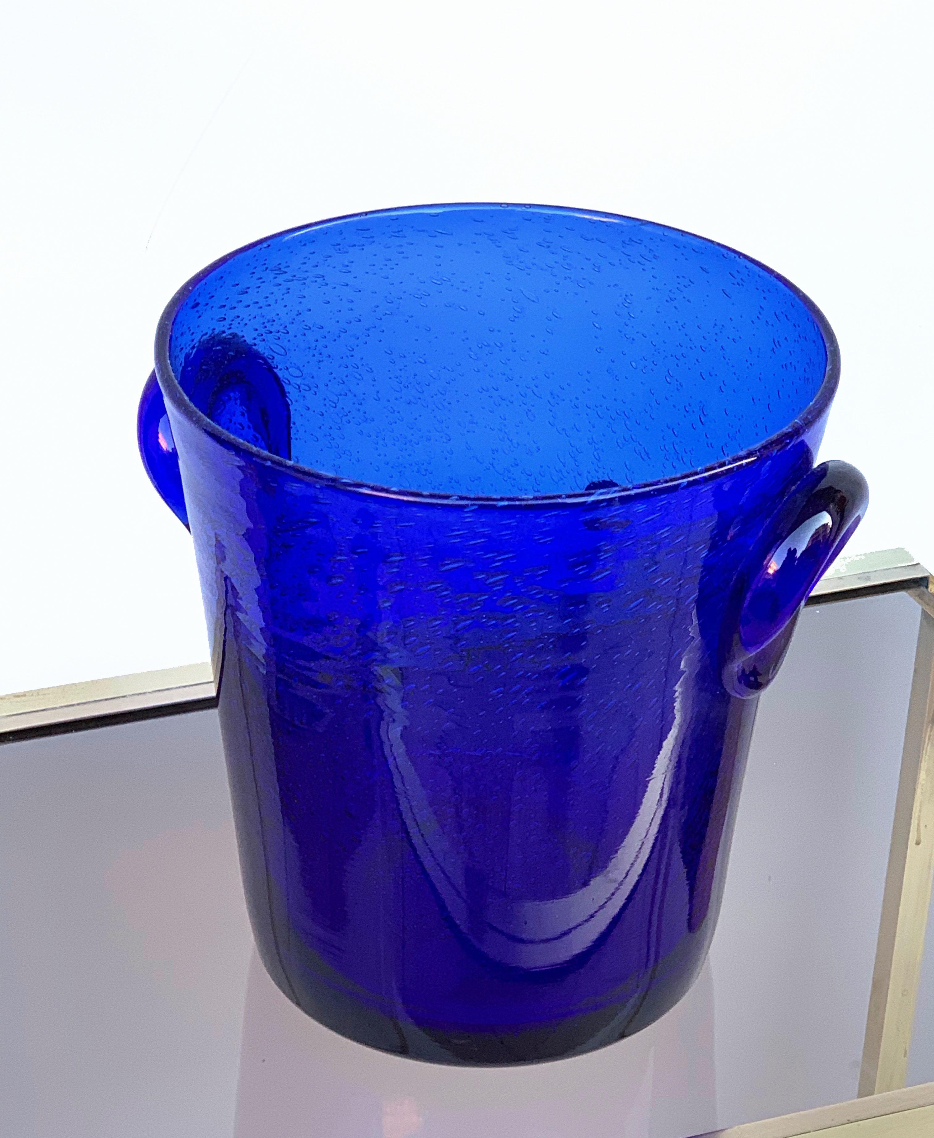 20th Century Ice Bucket in Blue Glass with Bubbles, La Verrerie De Biot, France, 1980s