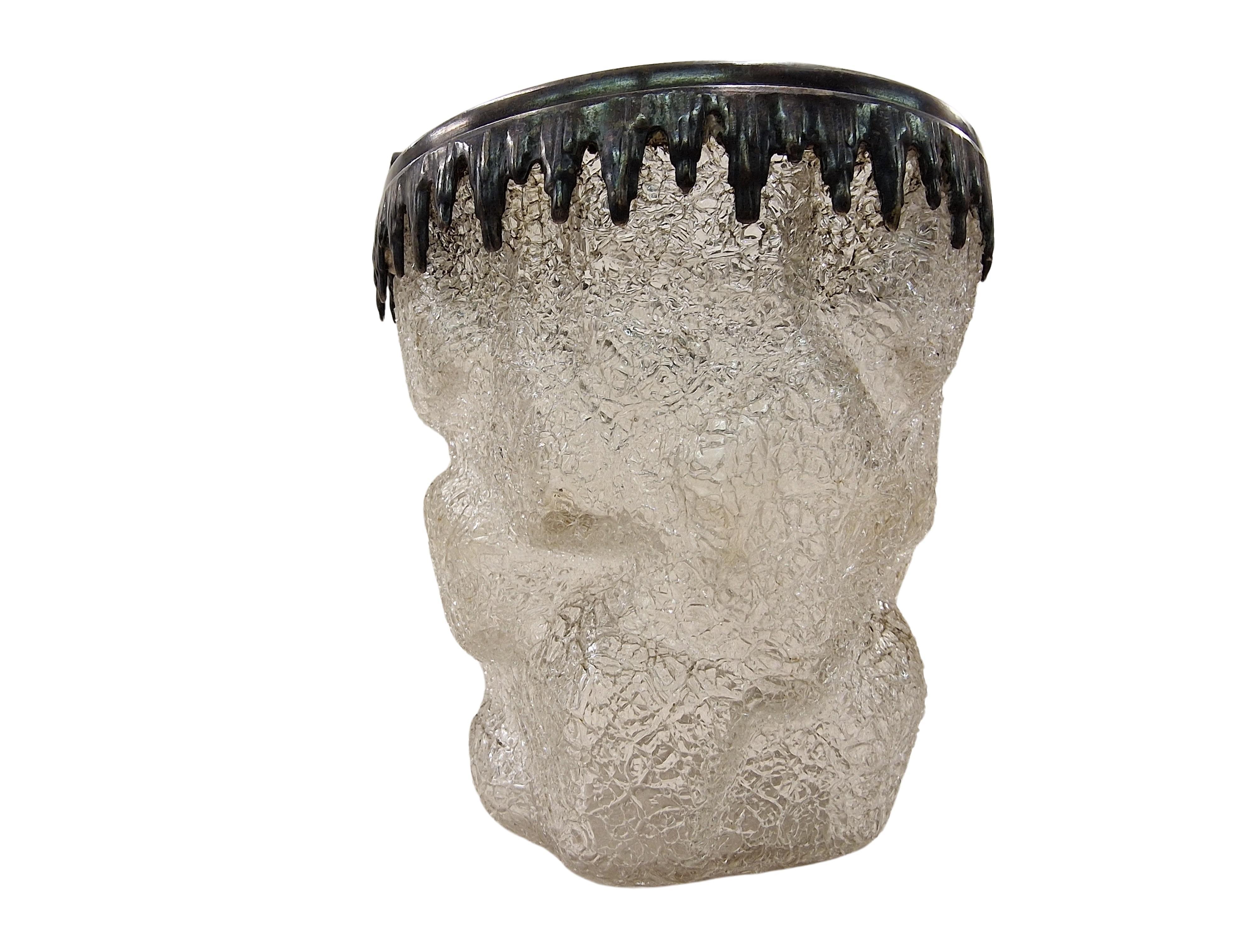 Ice bucket glass in form of shattered ice, silver plated, silvered, 1930, France In Good Condition For Sale In Wien, AT