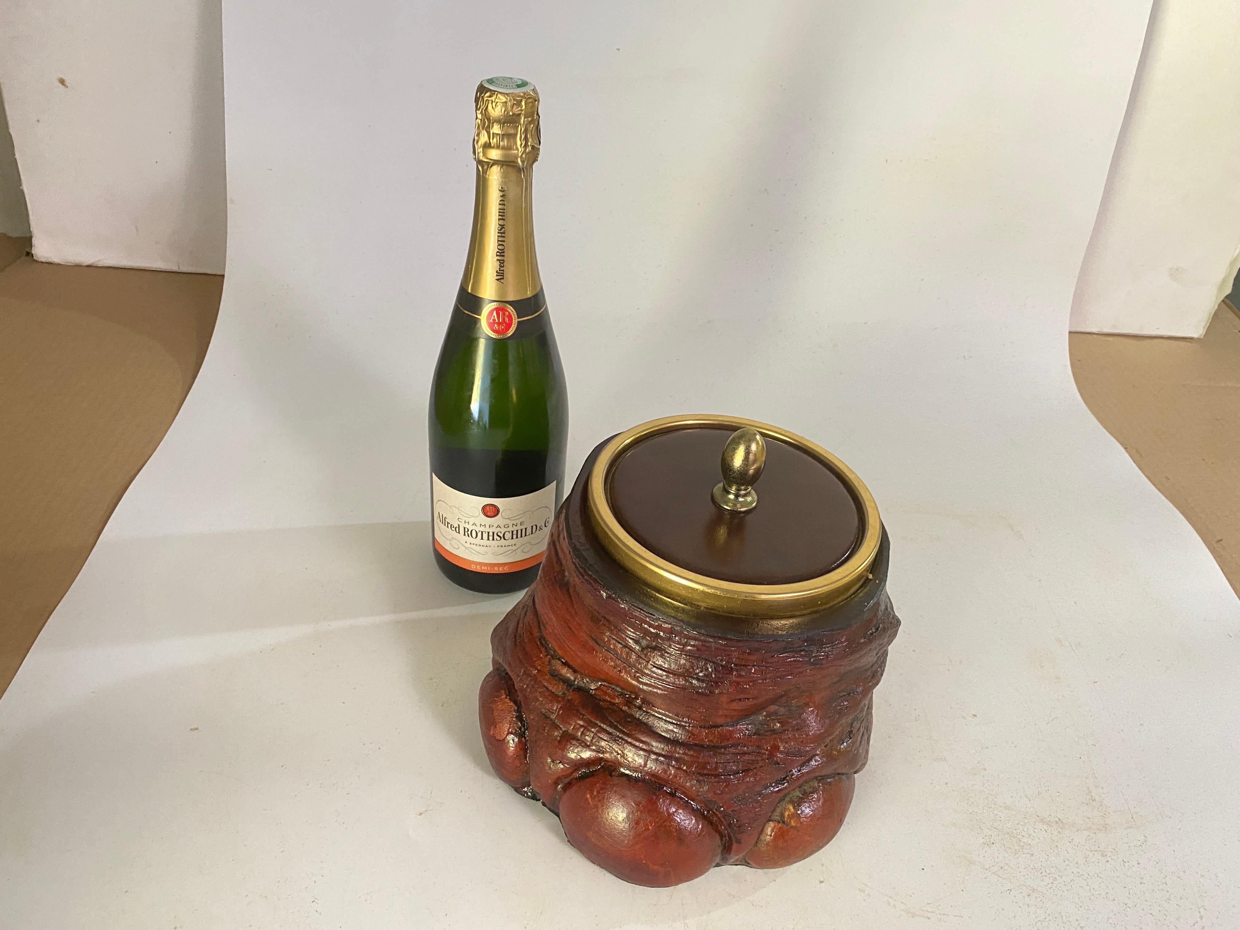 Gilt Ice Bucket in Plastic and Metal Switzerland circa 1970 with a leather Base For Sale