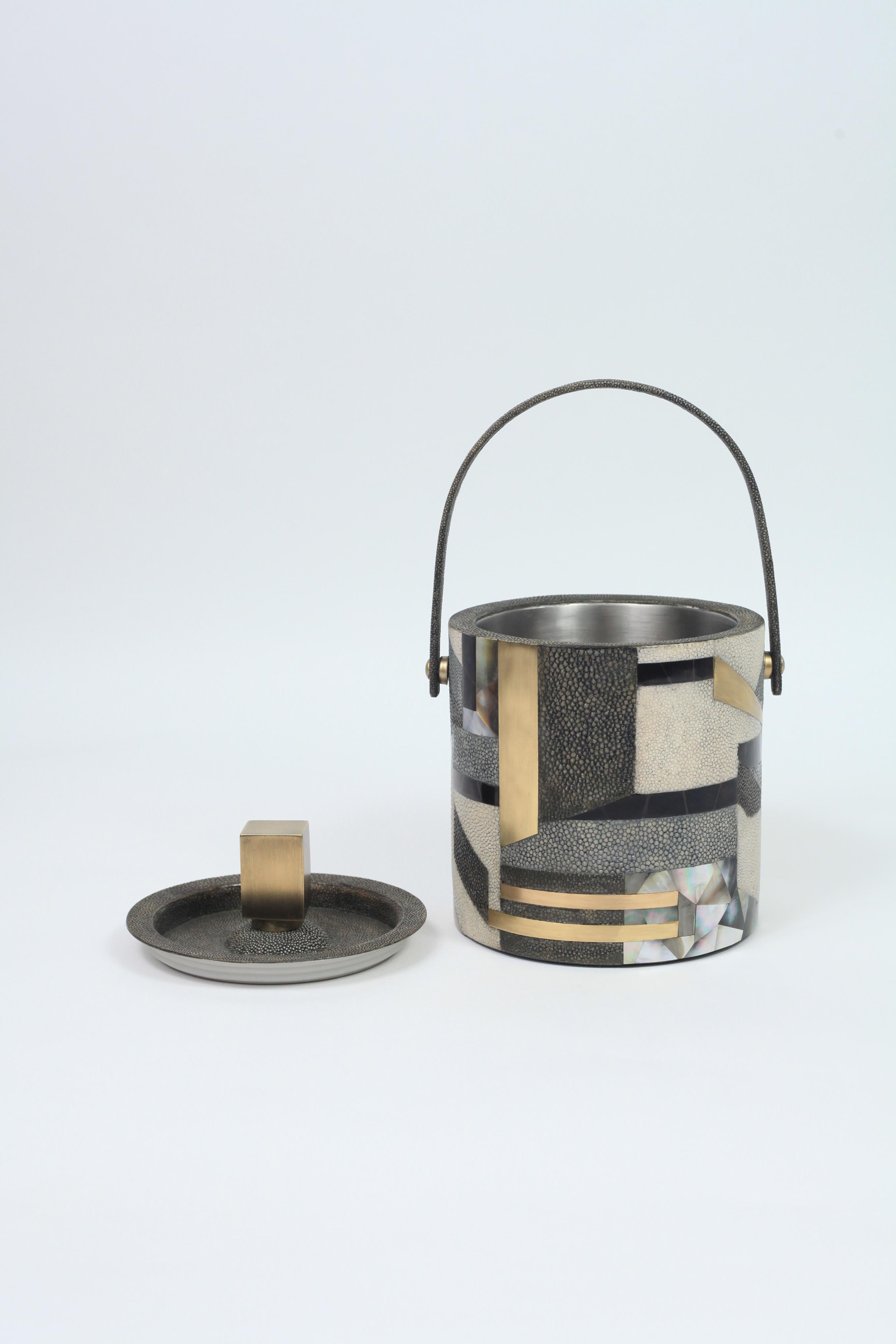 Art Deco Ice Bucket in Shagreen, Shell and Bronze Patina Brass by Kifu Paris For Sale