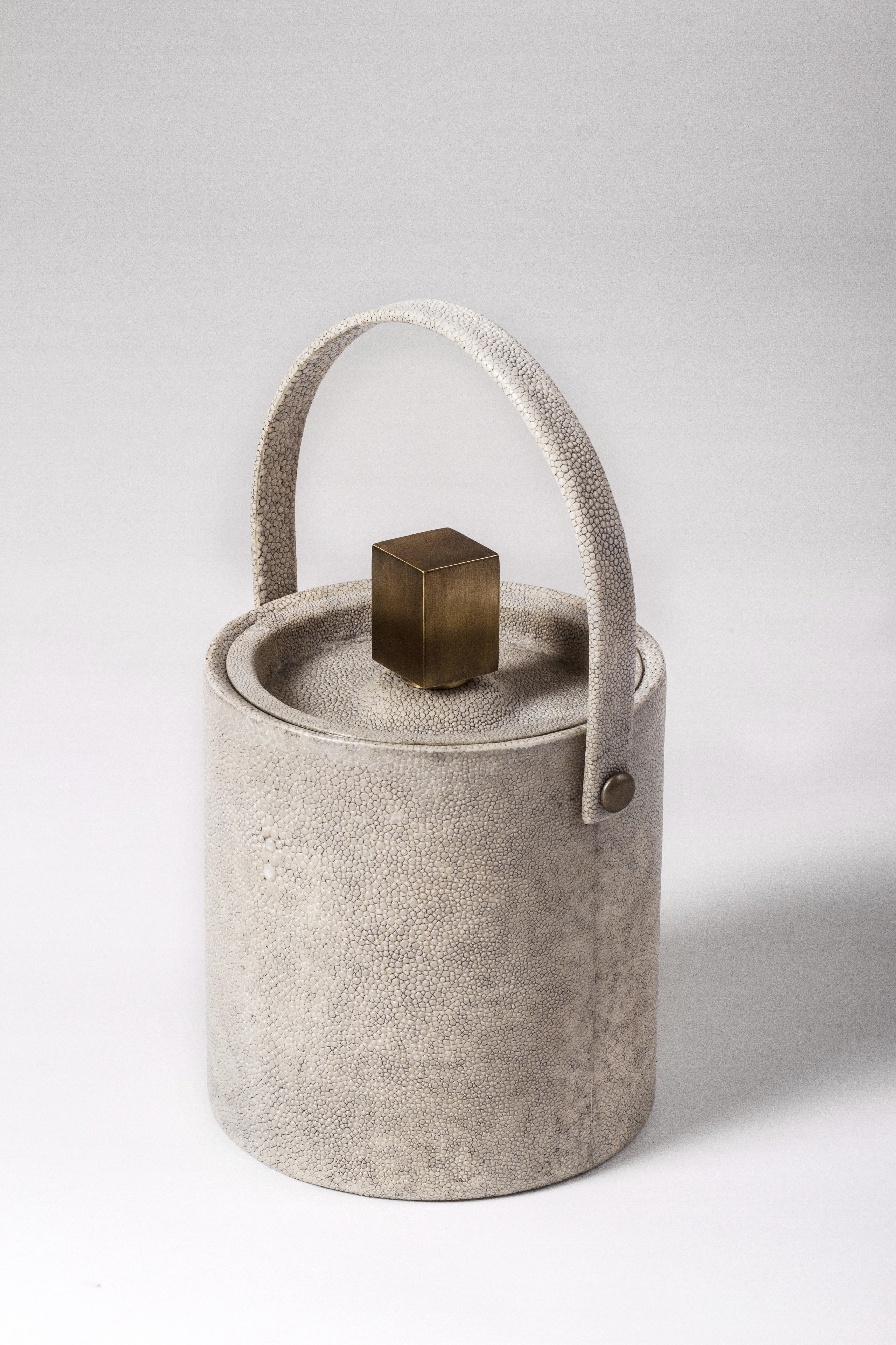 French Ice Bucket in Shagreen, Shell and Bronze Patina Brass by Kifu Paris For Sale