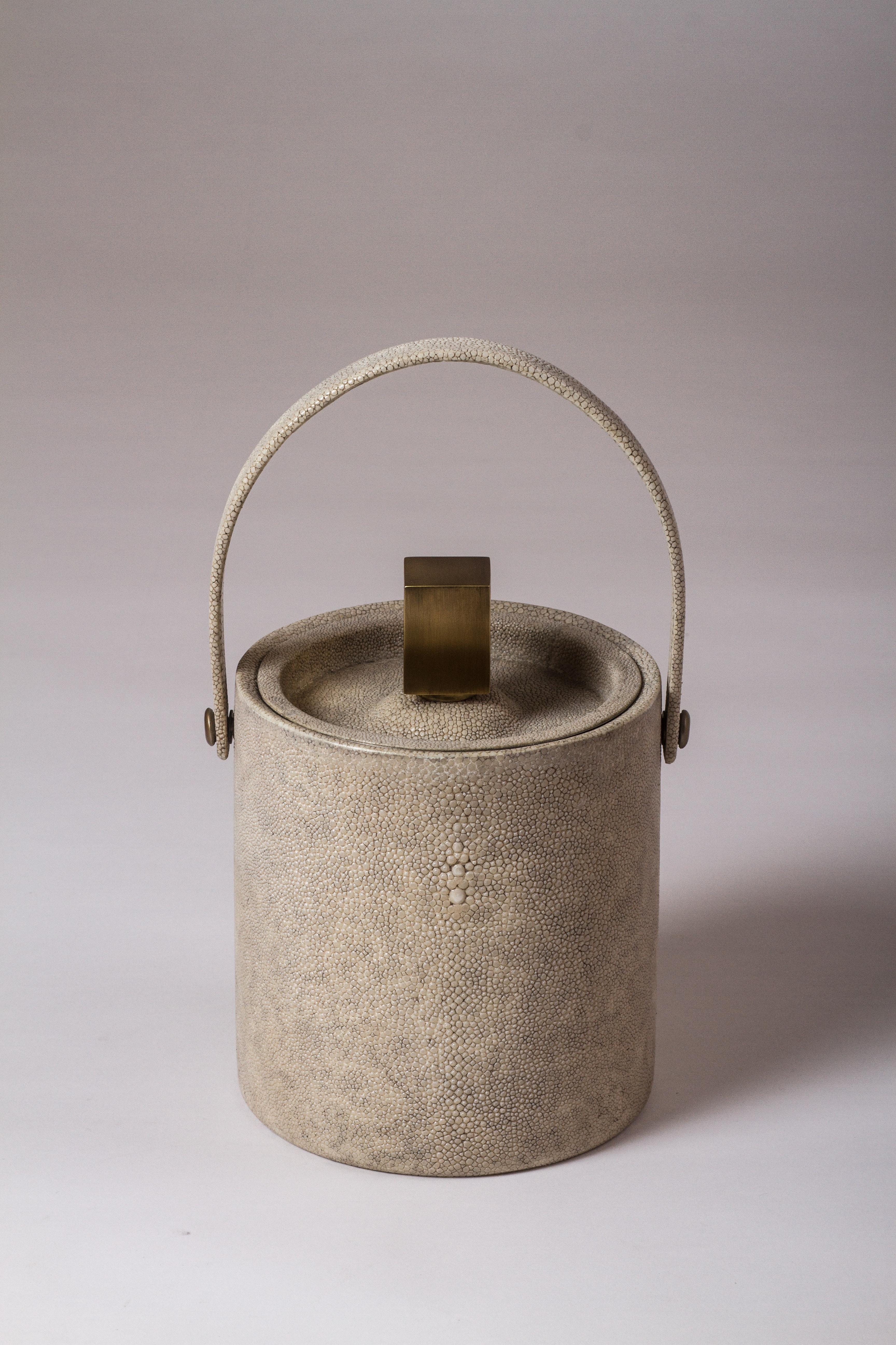 Hand-Crafted Ice Bucket in Shagreen, Shell and Bronze Patina Brass by Kifu Paris For Sale