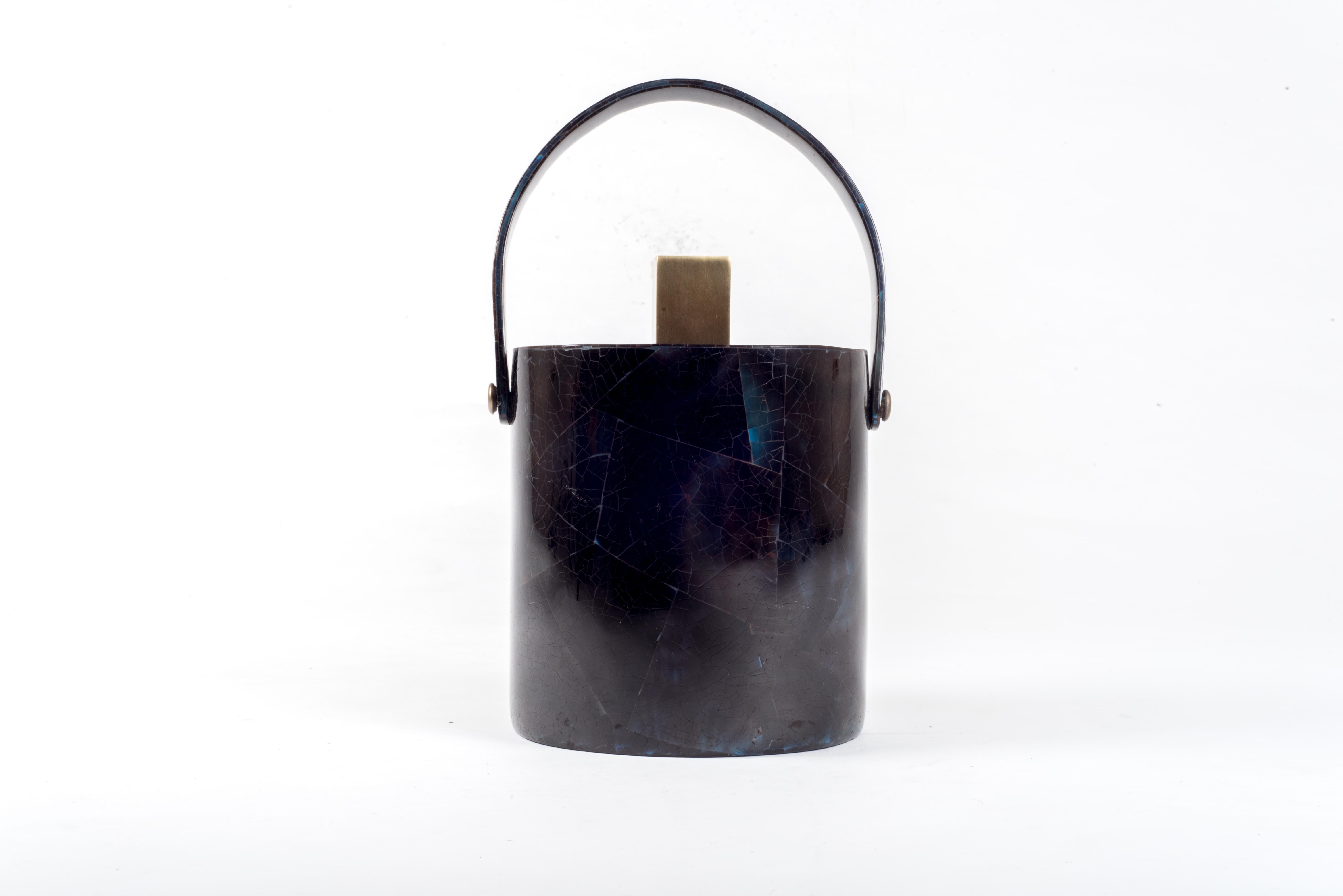Ice Bucket in Shagreen, Shell and Bronze Patina Brass by Kifu Paris In New Condition For Sale In New York, NY