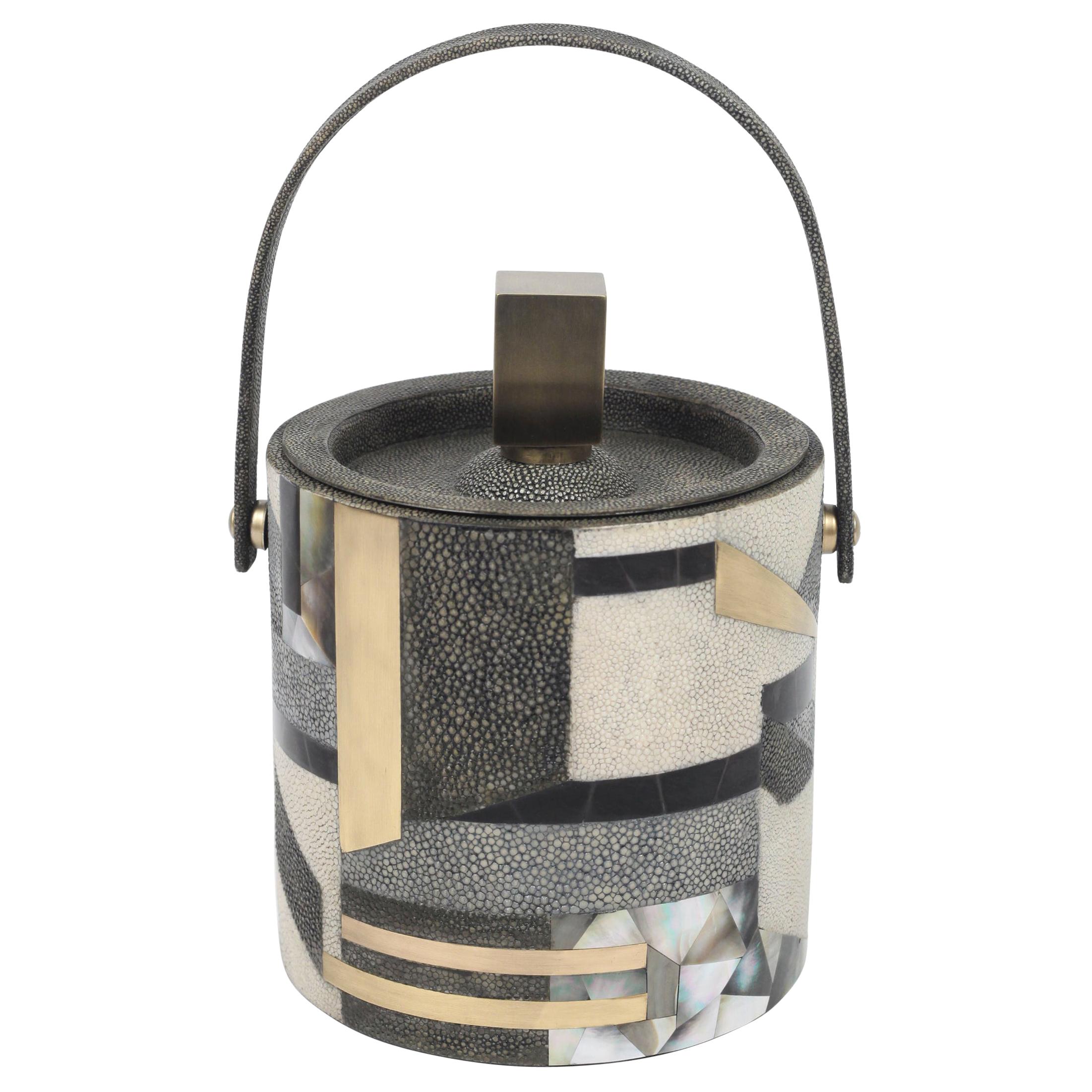 Ice Bucket in Shagreen, Shell and Bronze Patina Brass by Kifu Paris For Sale