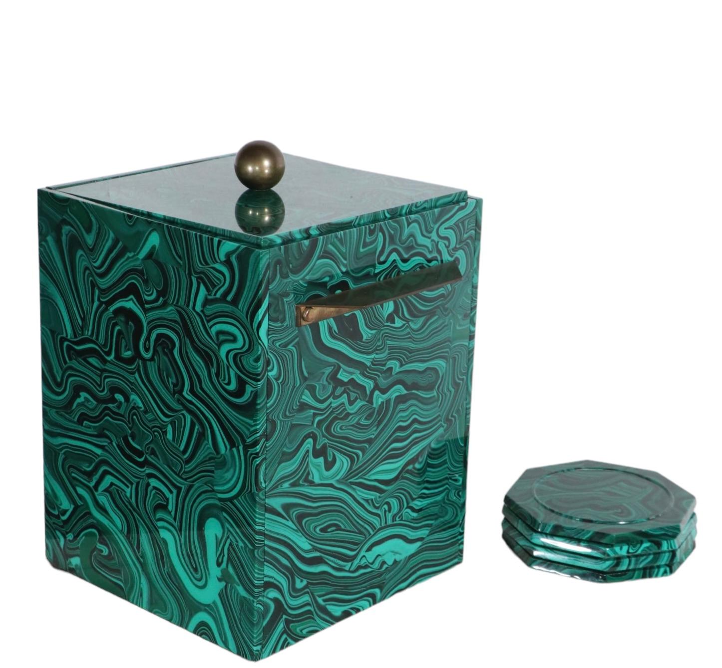 Hollywood Regency Ice Bucket in Stunning Faux Malachite Finish by Imperial Stone Ca. 1970's