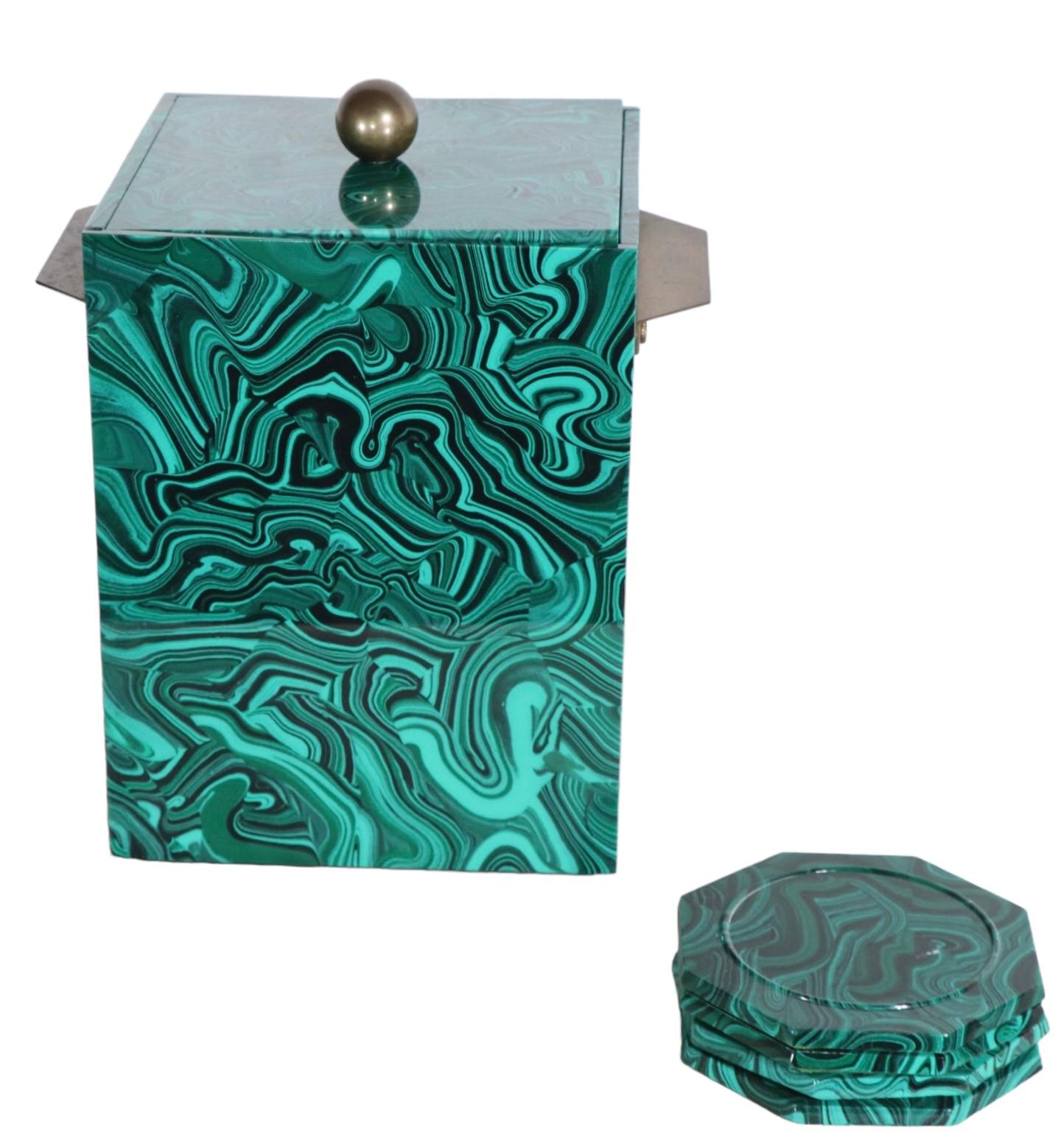 Metal Ice Bucket in Stunning Faux Malachite Finish by Imperial Stone Ca. 1970's