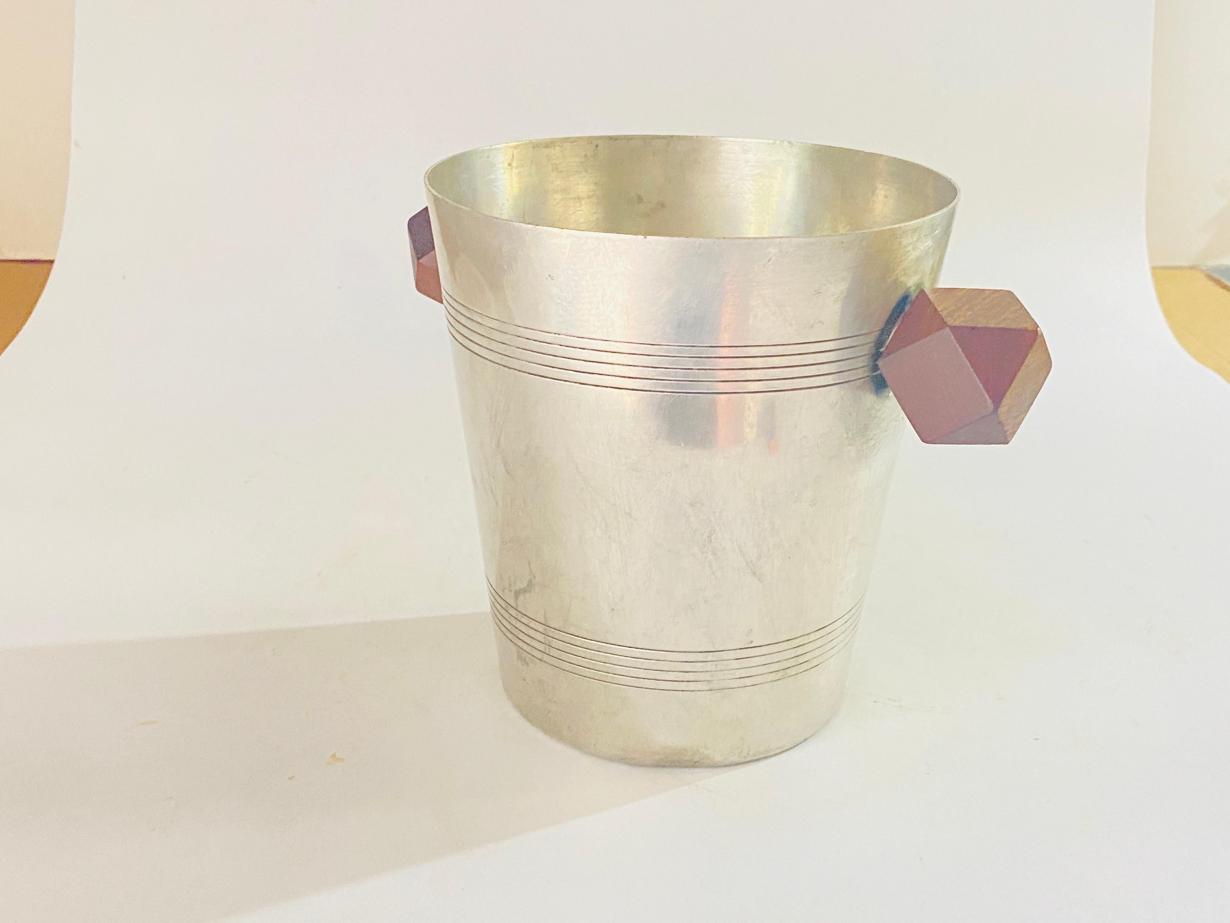 Ice Bucket in Sylver Metal, France 1930 Sylvered Color with Wood Handles For Sale 2