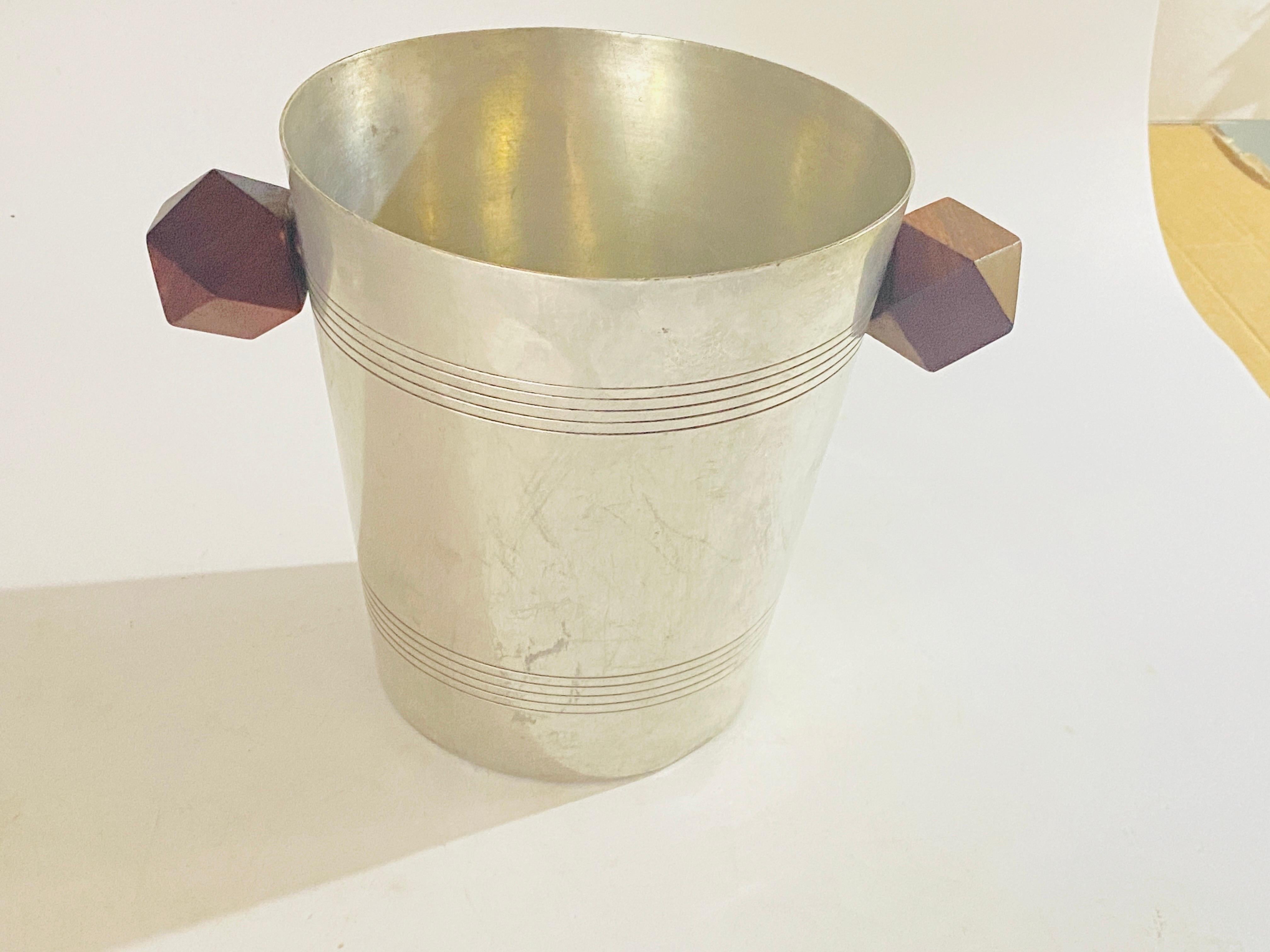 Ice Bucket in Sylver Metal, France 1930 Sylvered Color with Wood Handles For Sale 1