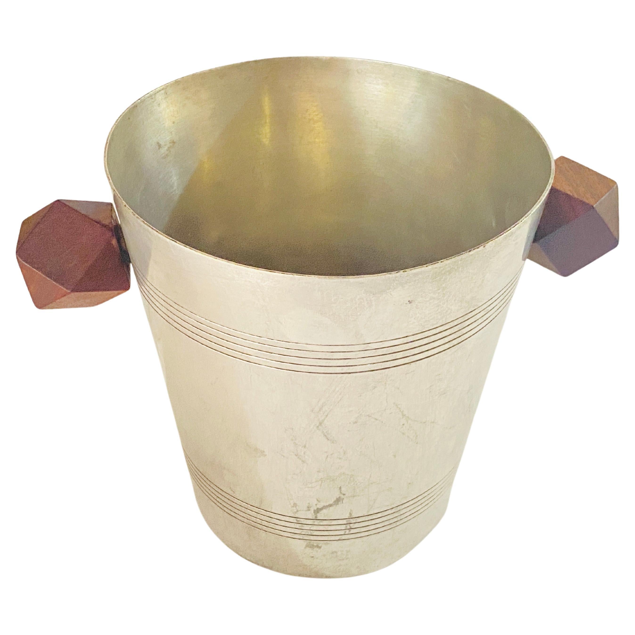 Ice Bucket in Sylver Metal, France 1930 Sylvered Color with Wood Handles For Sale