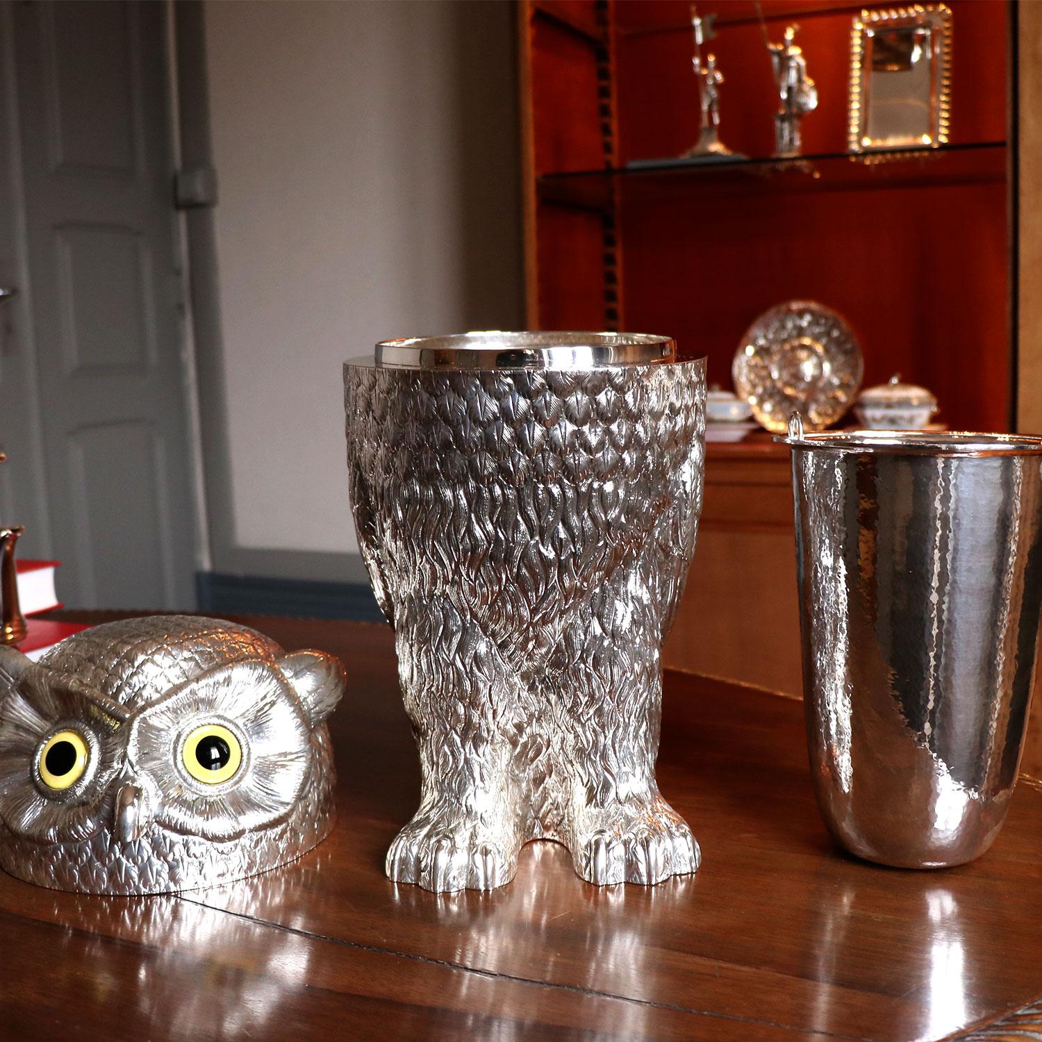 Portuguese Ice Bucket Owl by Alcino Silversmith 1902 Handcrafted in Sterling Silver For Sale