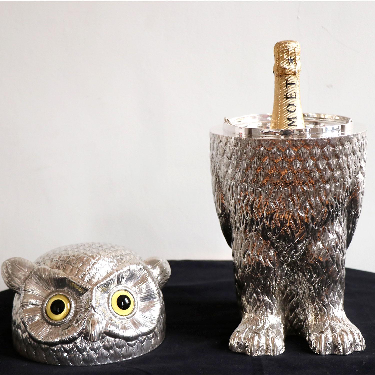 Contemporary Ice Bucket Owl by Alcino Silversmith 1902 Handcrafted in Sterling Silver For Sale