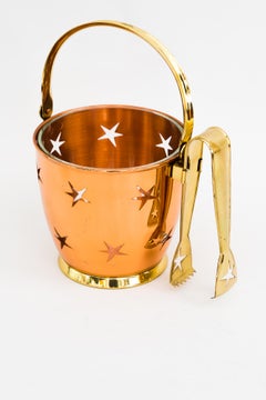Ice Bucket with Ice Tong in Copper and Brass and a Glass Cup Inside Around 1950s