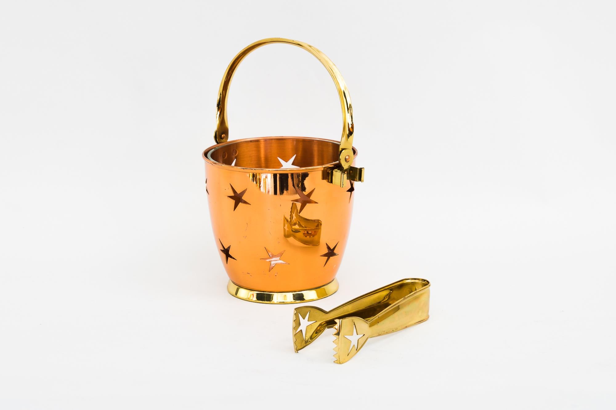 Austrian Ice Bucket with Ice Tong in Copper and Brass and a Glass Cup Inside Around 1950s For Sale