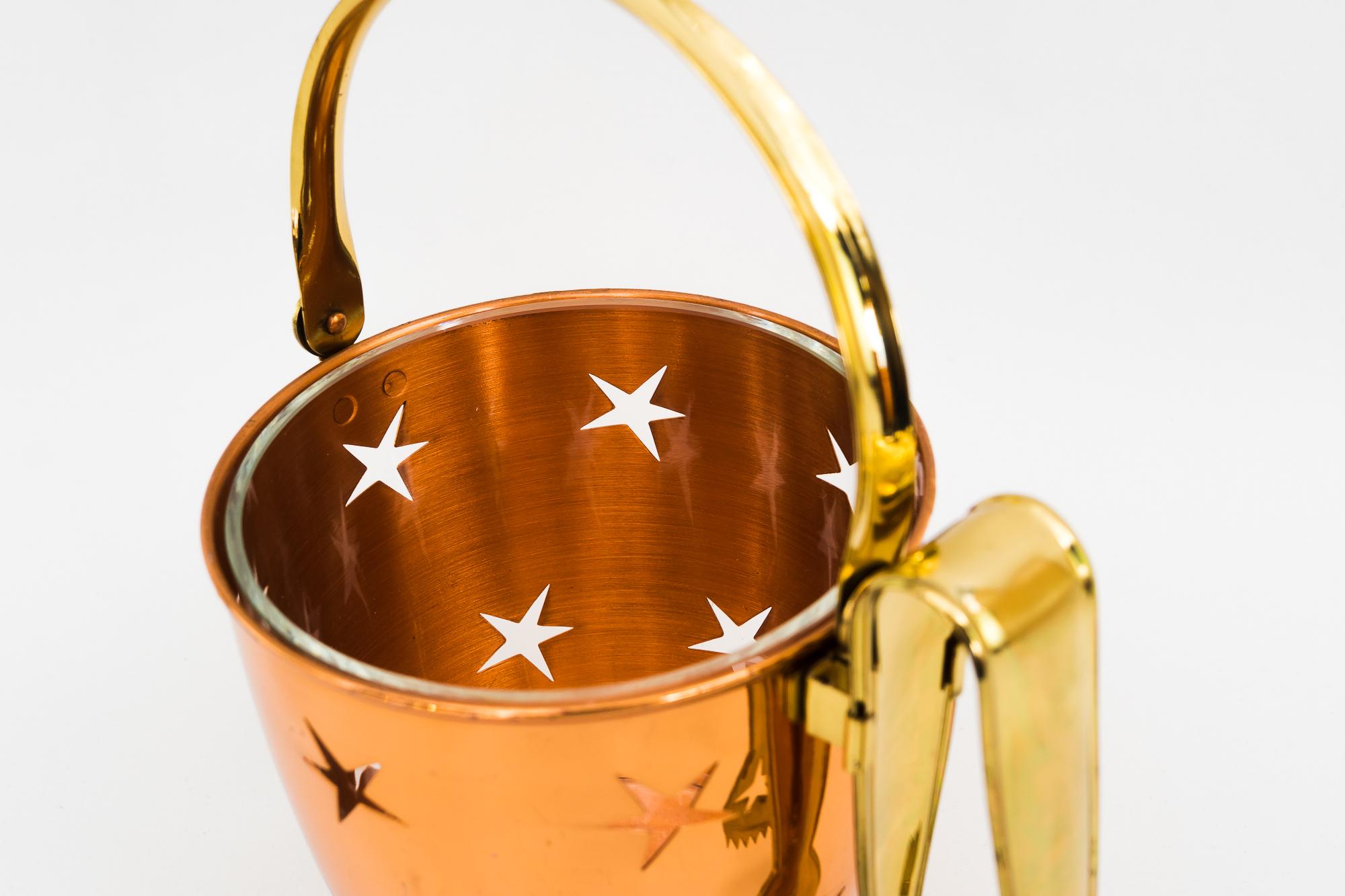 Ice Bucket with Ice Tong in Copper and Brass and a Glass Cup Inside Around 1950s For Sale 2