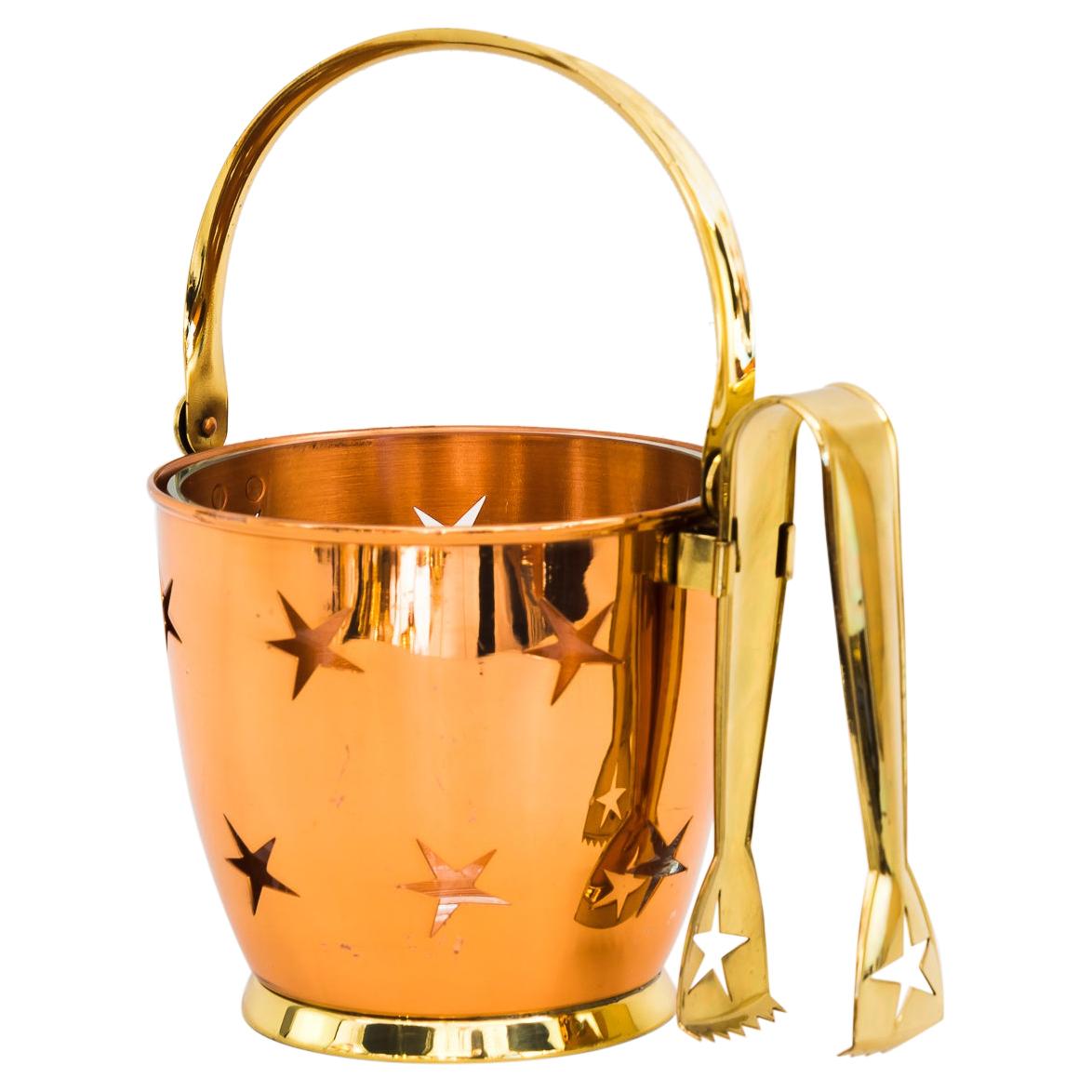 Ice Bucket with Ice Tong in Copper and Brass and a Glass Cup Inside Around 1950s For Sale