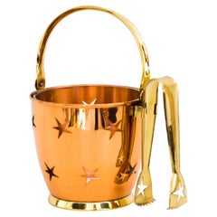 Ice Bucket with Ice Tong in Copper and Brass and a Glass Cup Inside Around 1950s