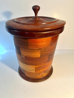 Ice Bucket with Inlay Pieces of Varied Woods Lined and with Removable Lid