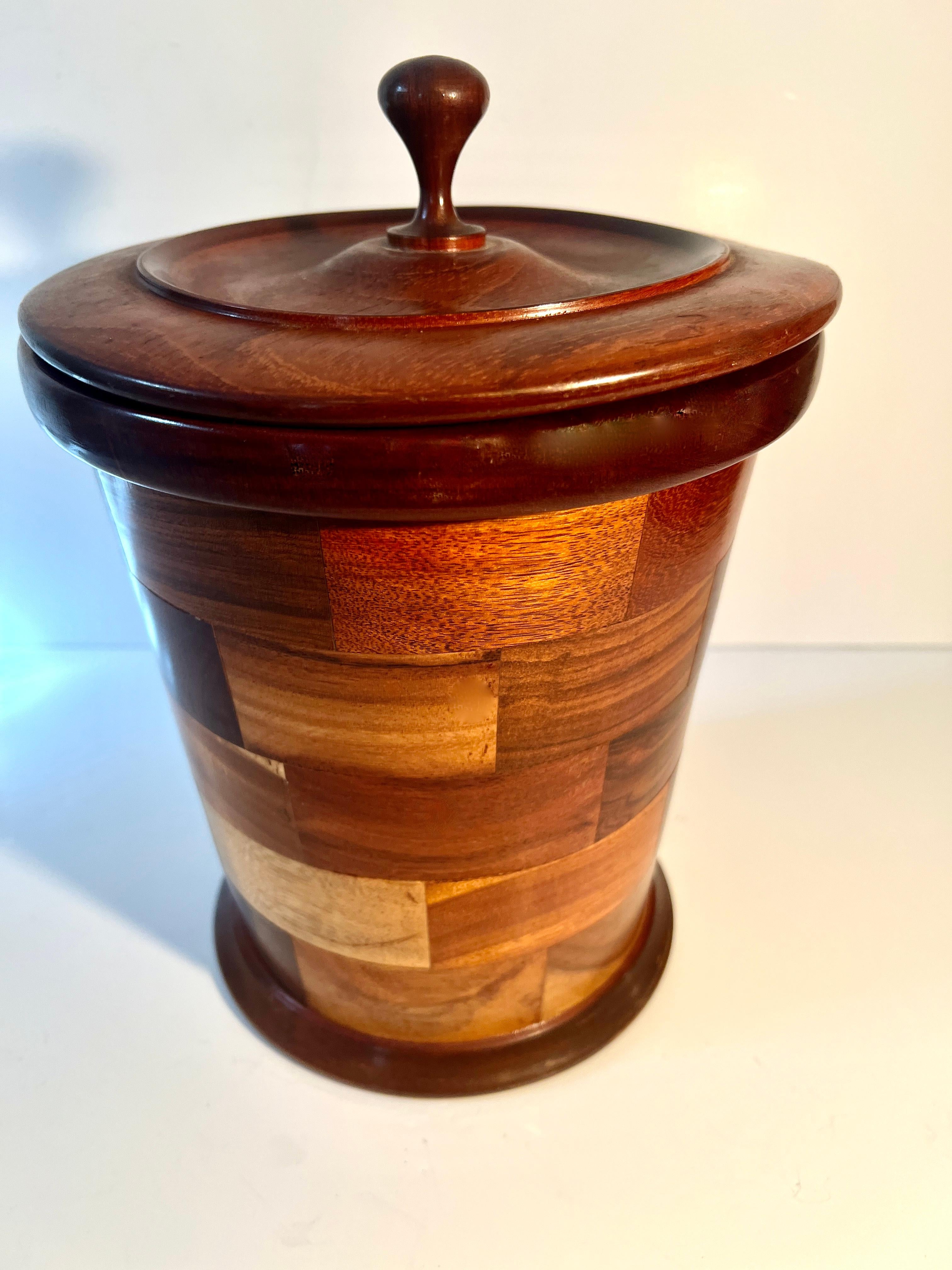 Mid-Century Modern Ice Bucket with Inlay Pieces of Varied Woods Lined and with Removable Lid For Sale