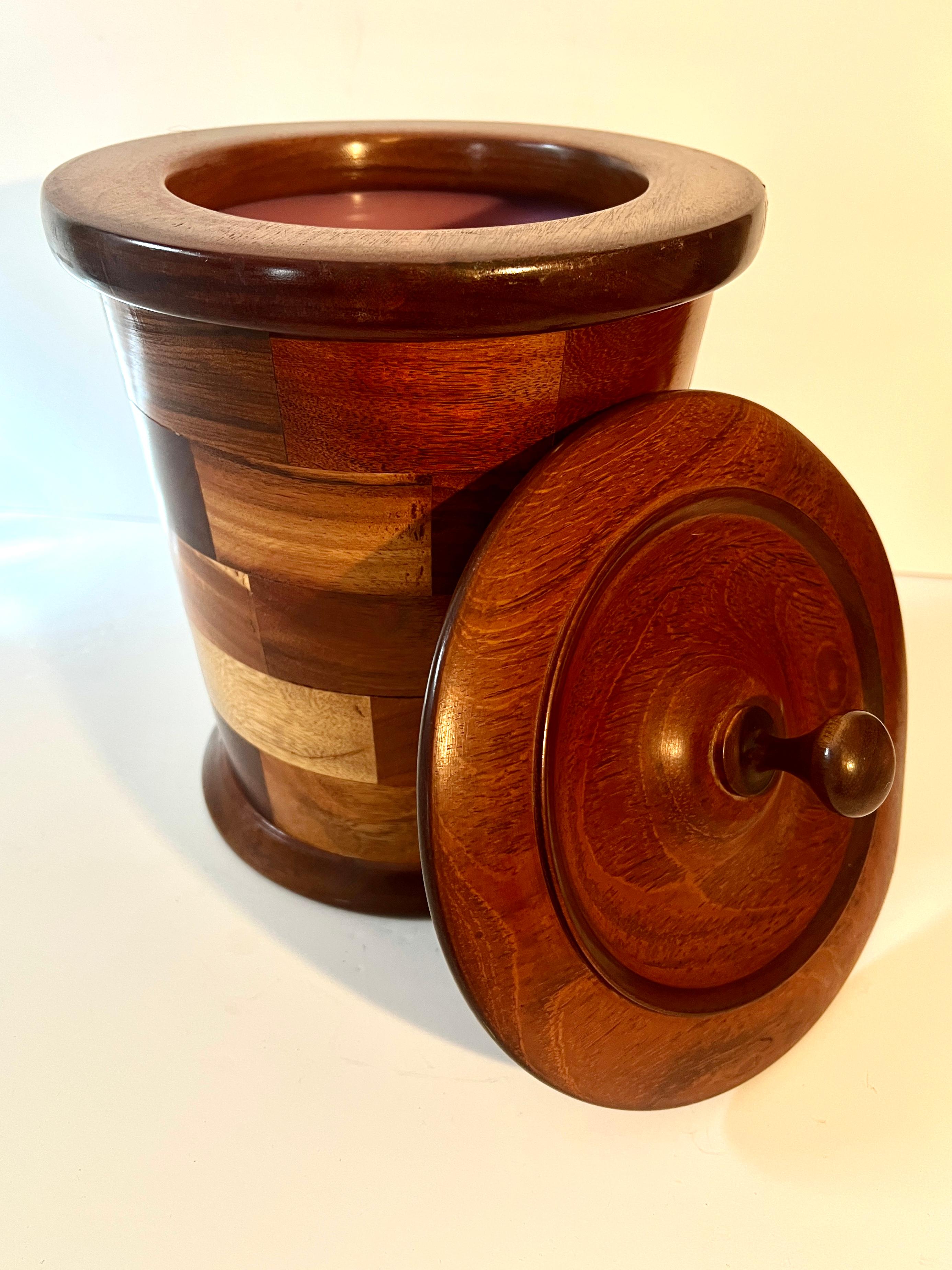 Hand-Crafted Ice Bucket with Inlay Pieces of Varied Woods Lined and with Removable Lid For Sale