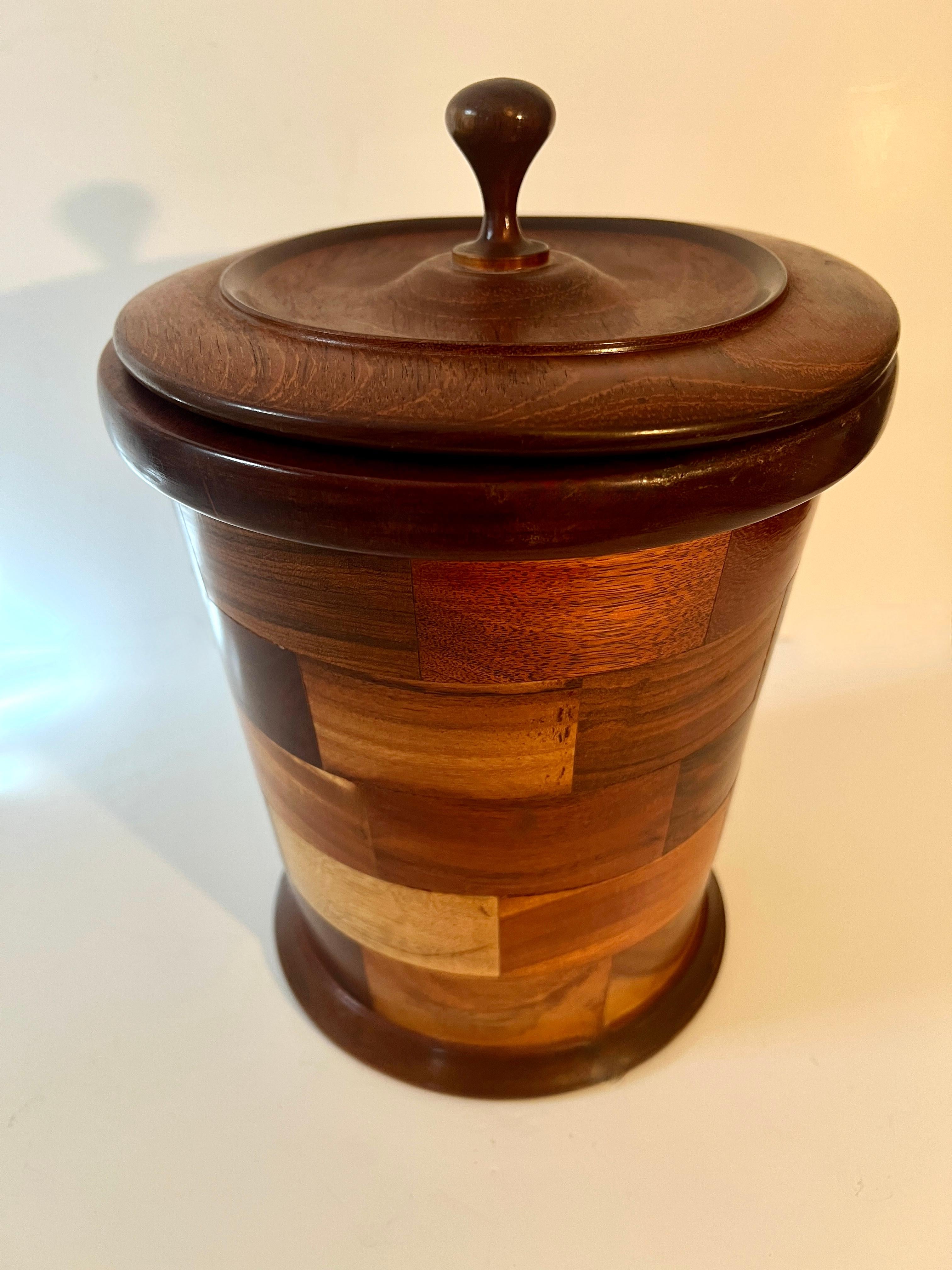 20th Century Ice Bucket with Inlay Pieces of Varied Woods Lined and with Removable Lid For Sale