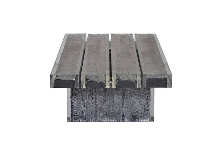 Fired Ice Burnt Coffee Table with Burnt Timber in Crystalline Acrylic For Sale