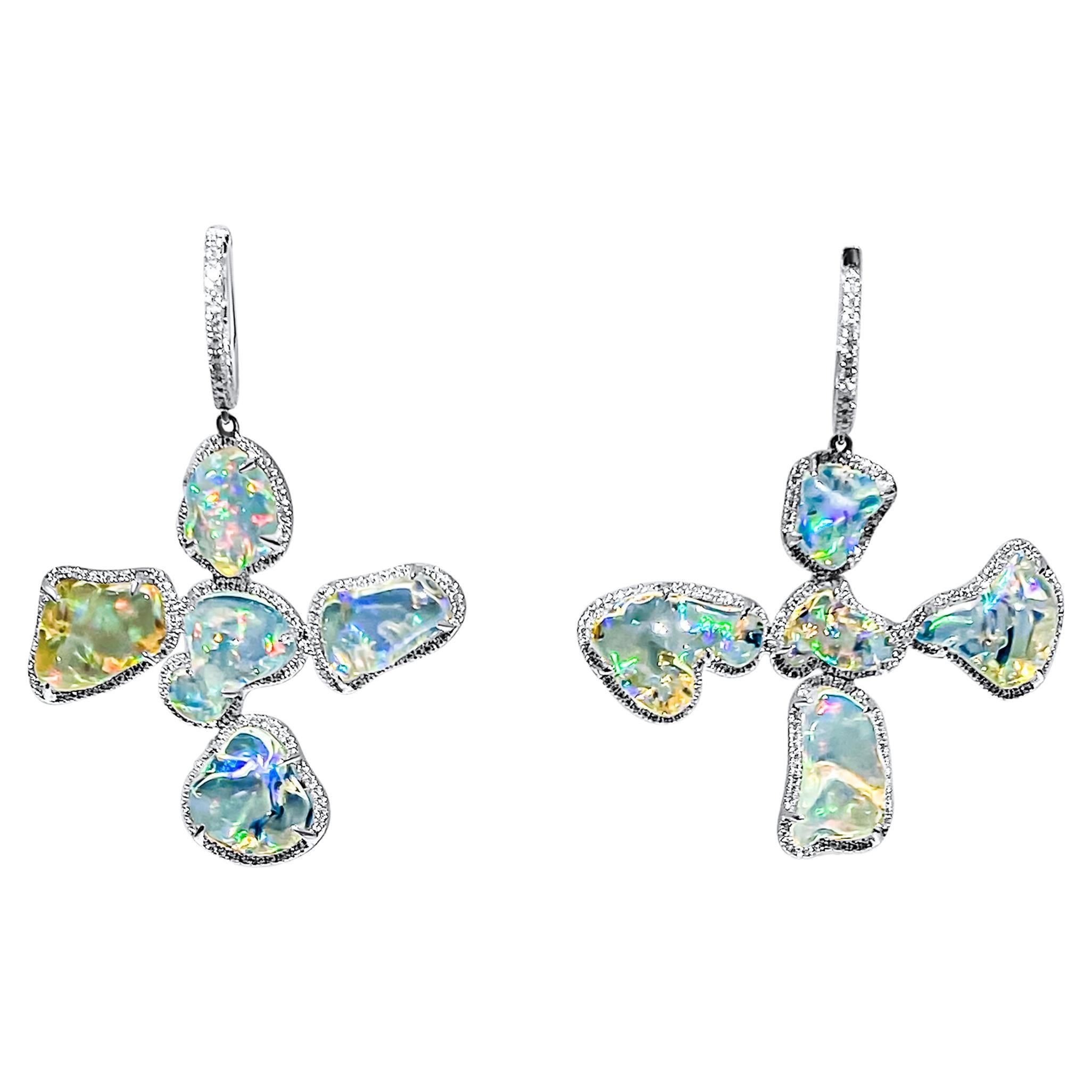 Ice Clear Fire Opal and Diamond Cross Earrings For Sale