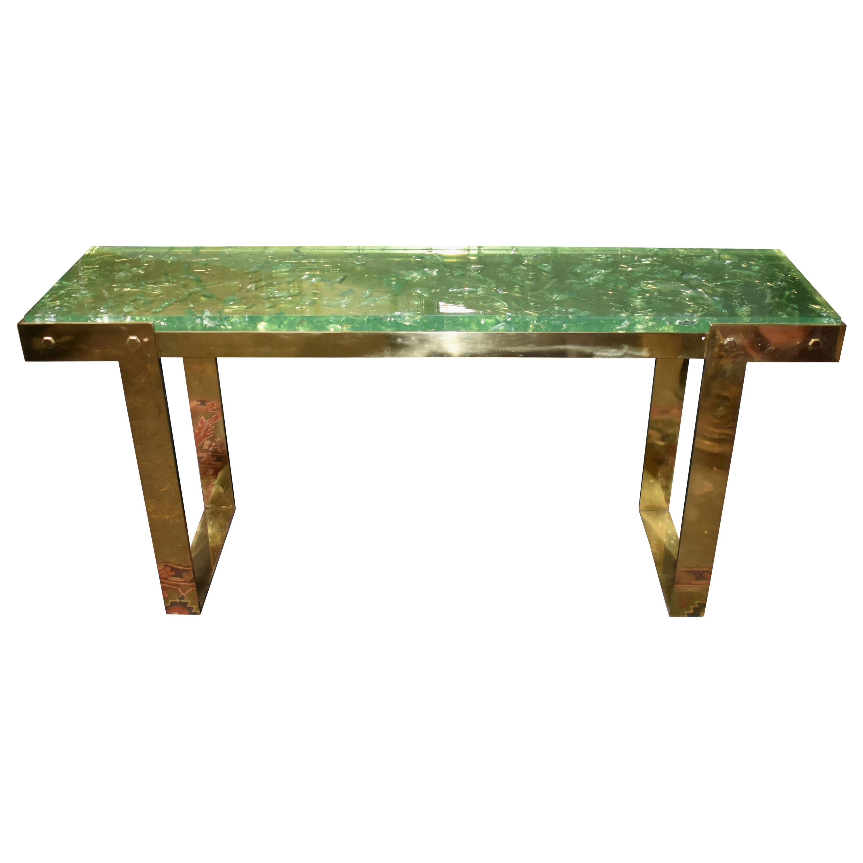 Ice Cracked Resin "Gucci" Style Design Brass Console Table For Sale