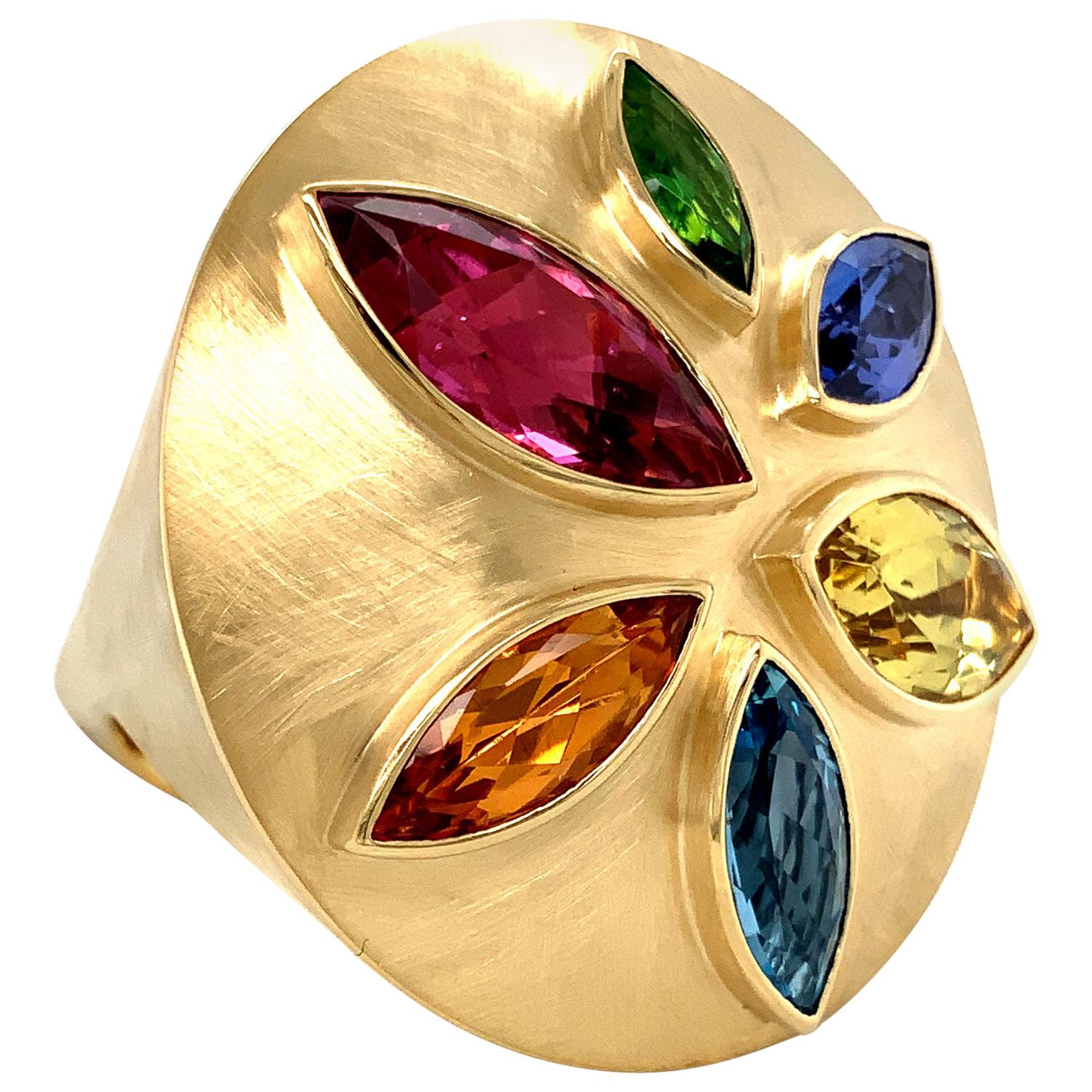 Georg Spreng - Ice Cream Cone Ring 18K Yellow Gold Marquise Natural Gemstones For Sale