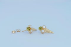 Ice cream funny earrings studs with peridots and pearls in 14k gold.