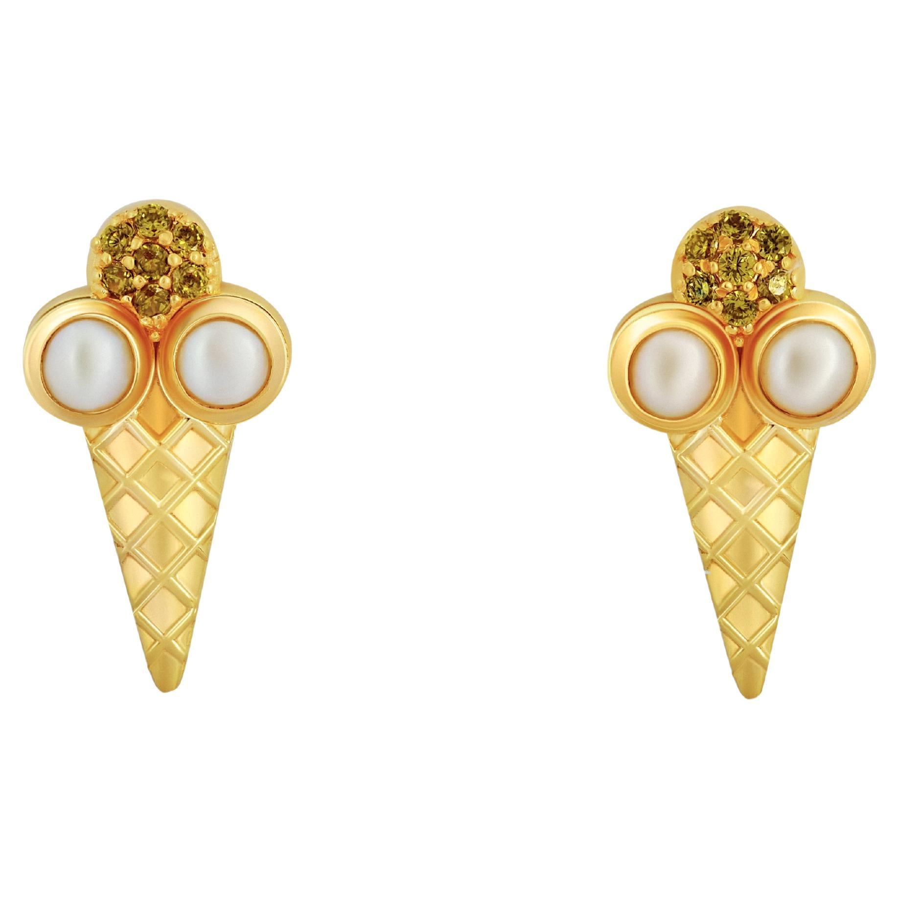Ice cream funny earrings studs with peridots and pearls in 14k gold For Sale