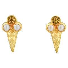 Ice cream funny earrings studs with peridots and pearls in 14k gold.