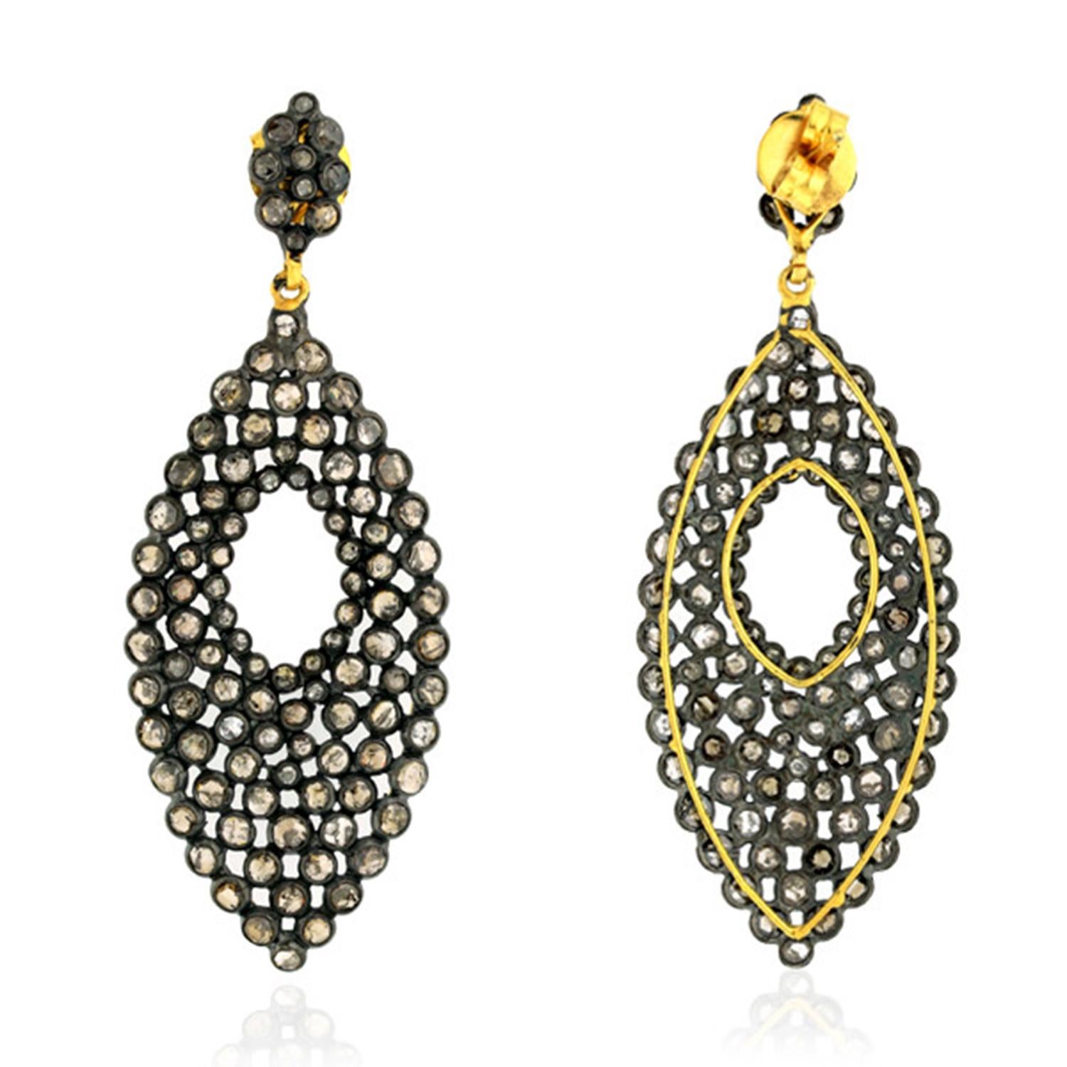 Art déco Boucles d'oreilles pendantes en or 14k avec diamant de glace à l'aspect ancien en vente