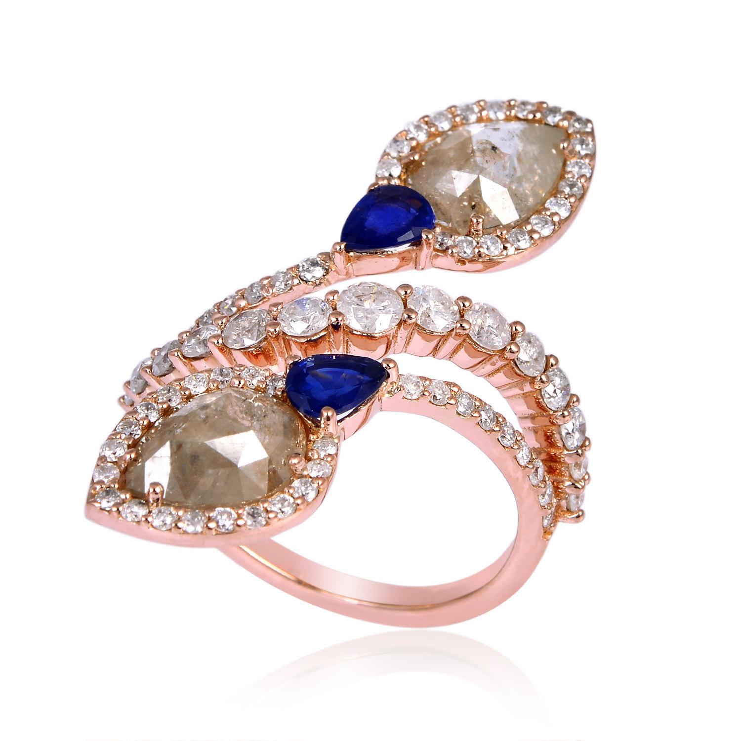 Taglio misto Anello a spirale con diamanti e zaffiri blu in oro rosa 18k in vendita